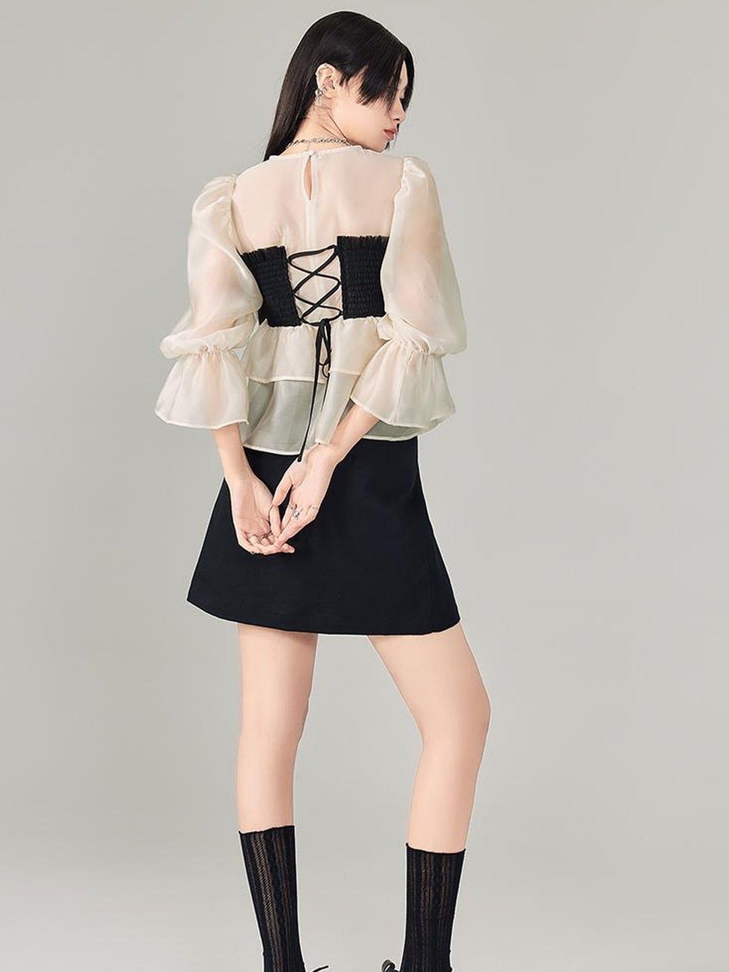 DIDDI MODA Lace Puff Sleeve Crop Top With Sheer Layered Hem