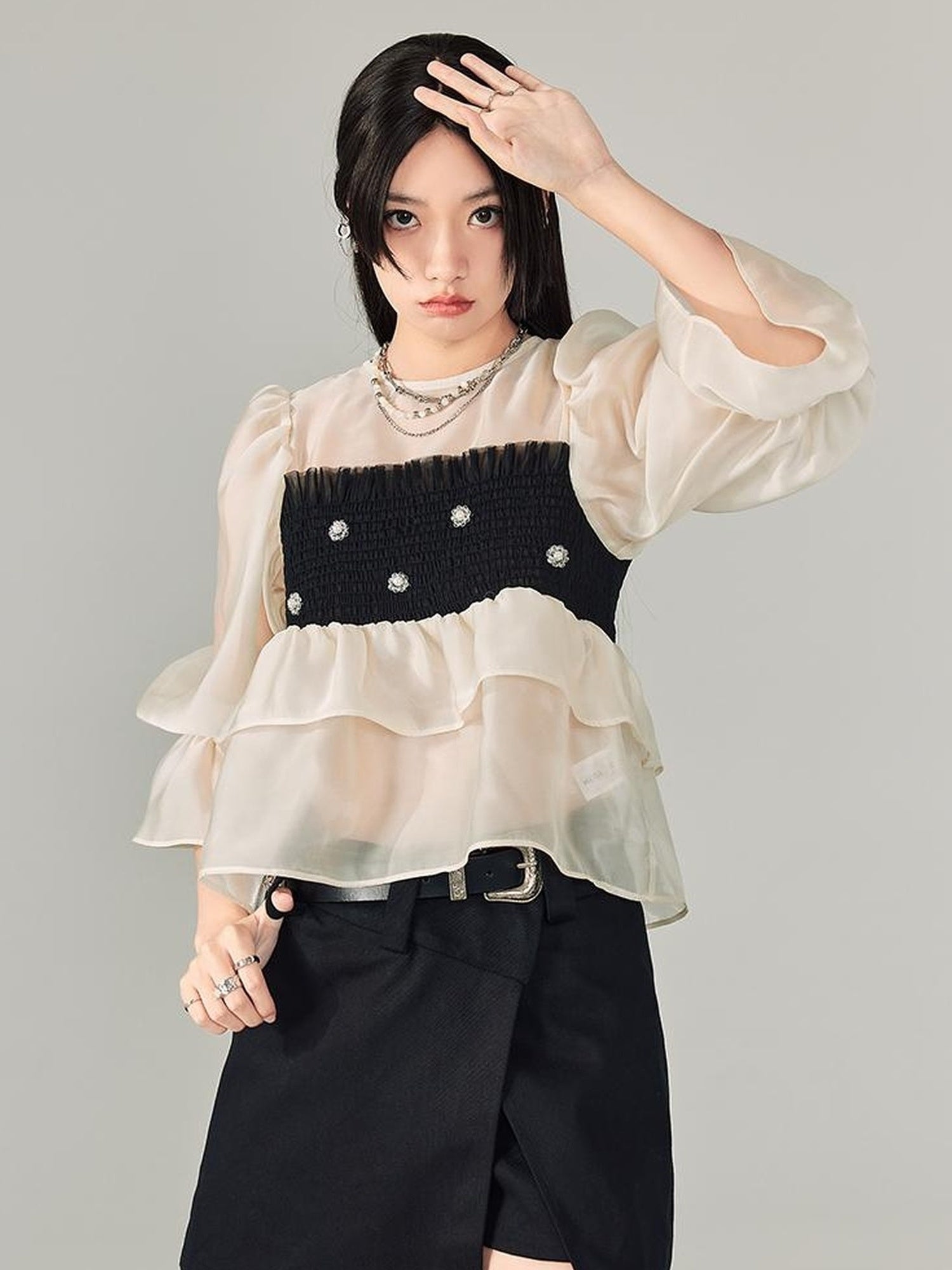 DIDDI MODA Lace Puff Sleeve Crop Top With Sheer Layered Hem