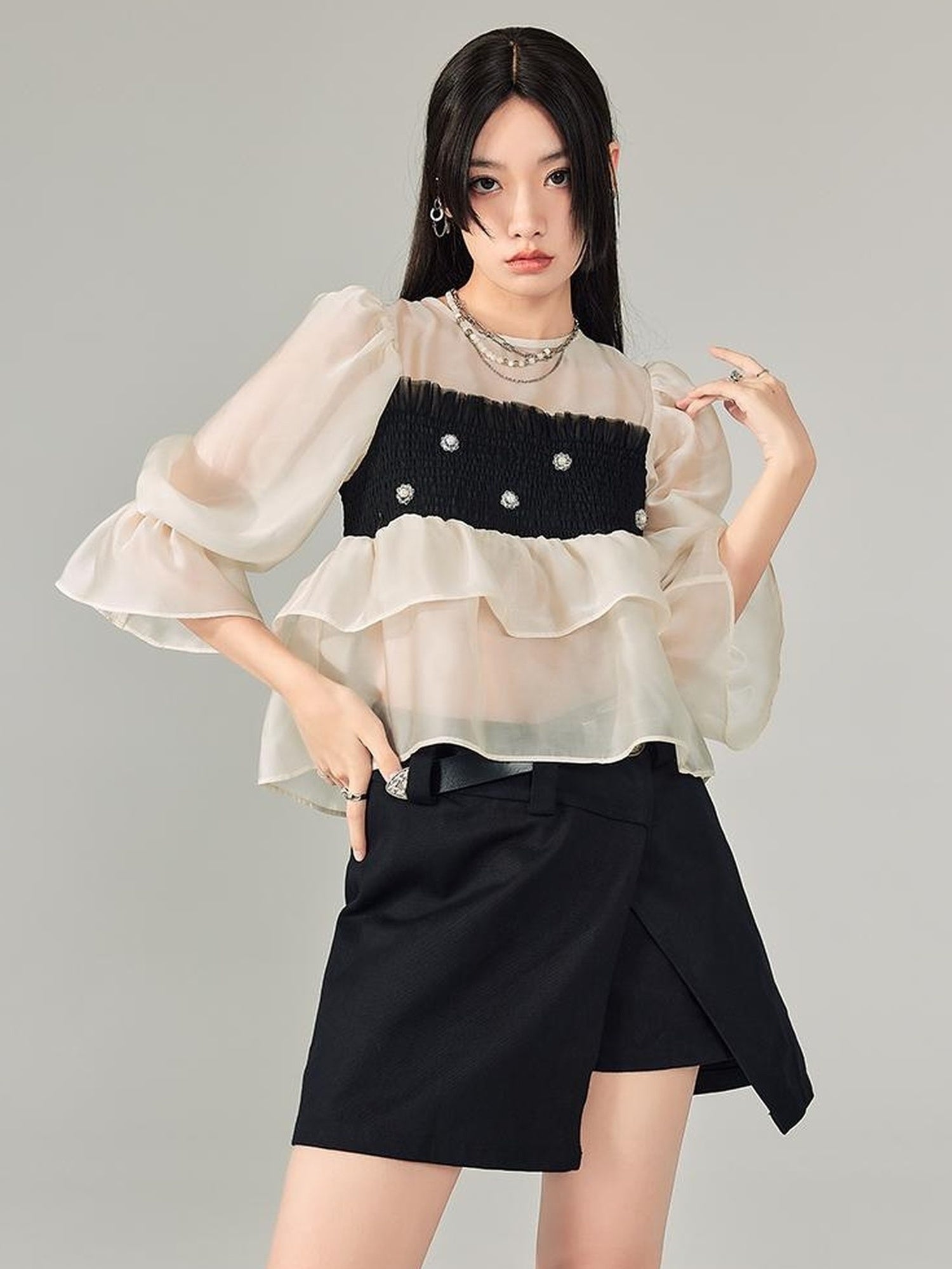 DIDDI MODA Lace Puff Sleeve Crop Top With Sheer Layered Hem
