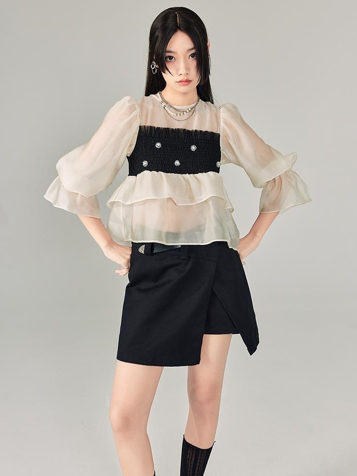 DIDDI MODA Lace Puff Sleeve Crop Top With Sheer Layered Hem