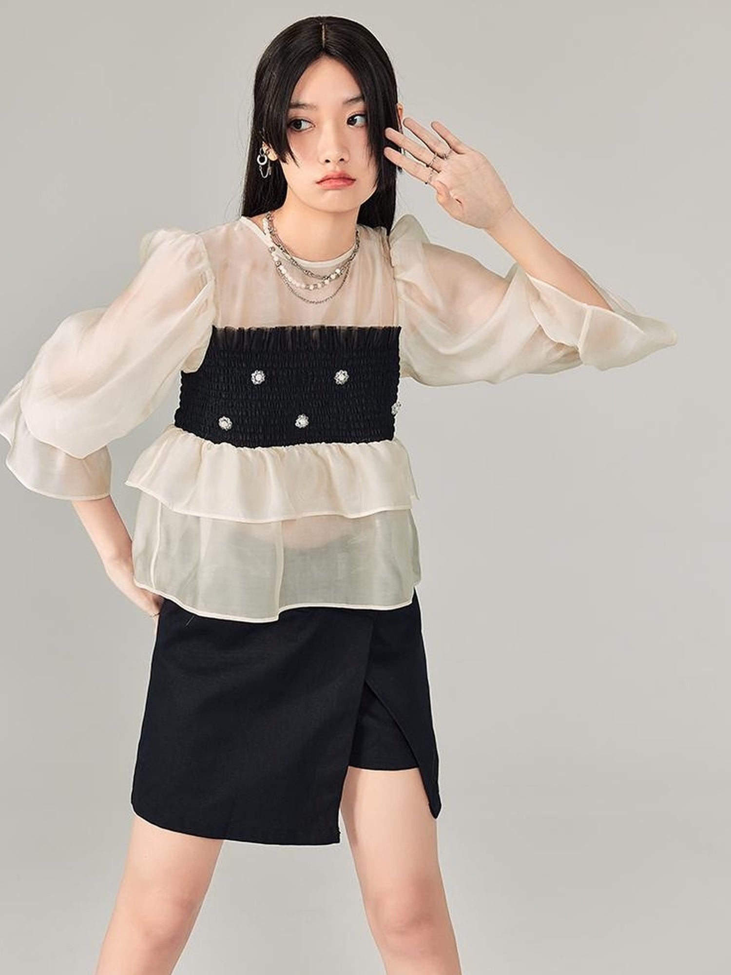 DIDDI MODA Lace Puff Sleeve Crop Top With Sheer Layered Hem