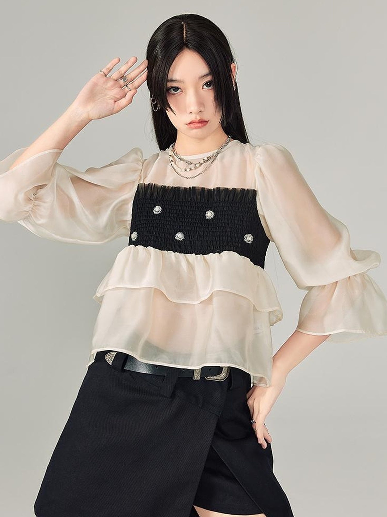 DIDDI MODA Lace Puff Sleeve Crop Top With Sheer Layered Hem