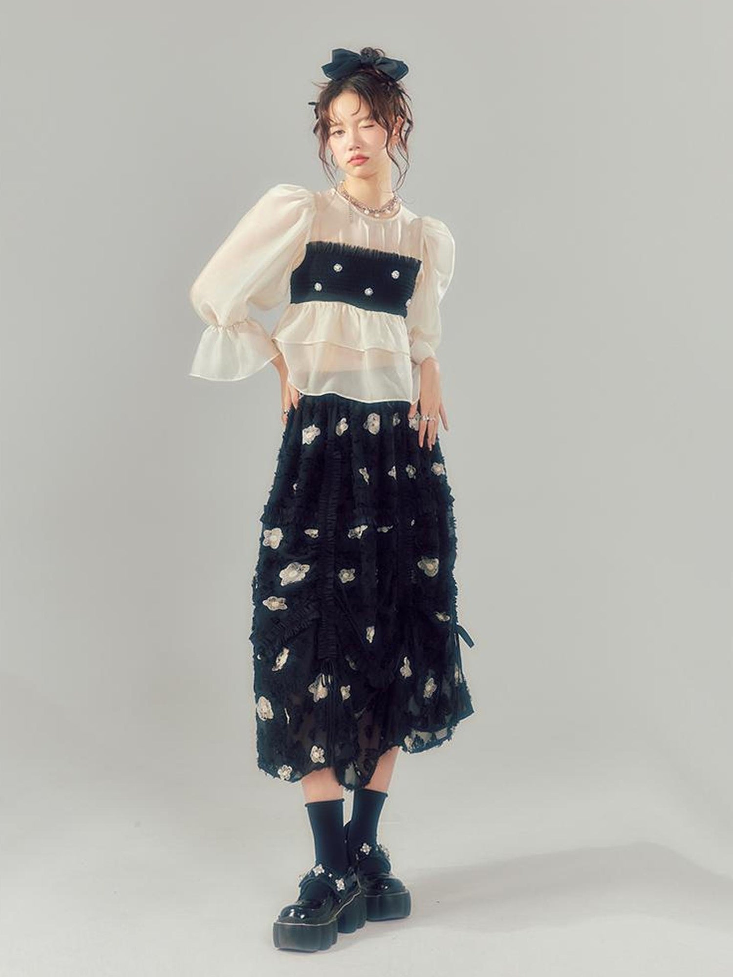 DIDDI MODA Lace Puff Sleeve Crop Top With Sheer Layered Hem