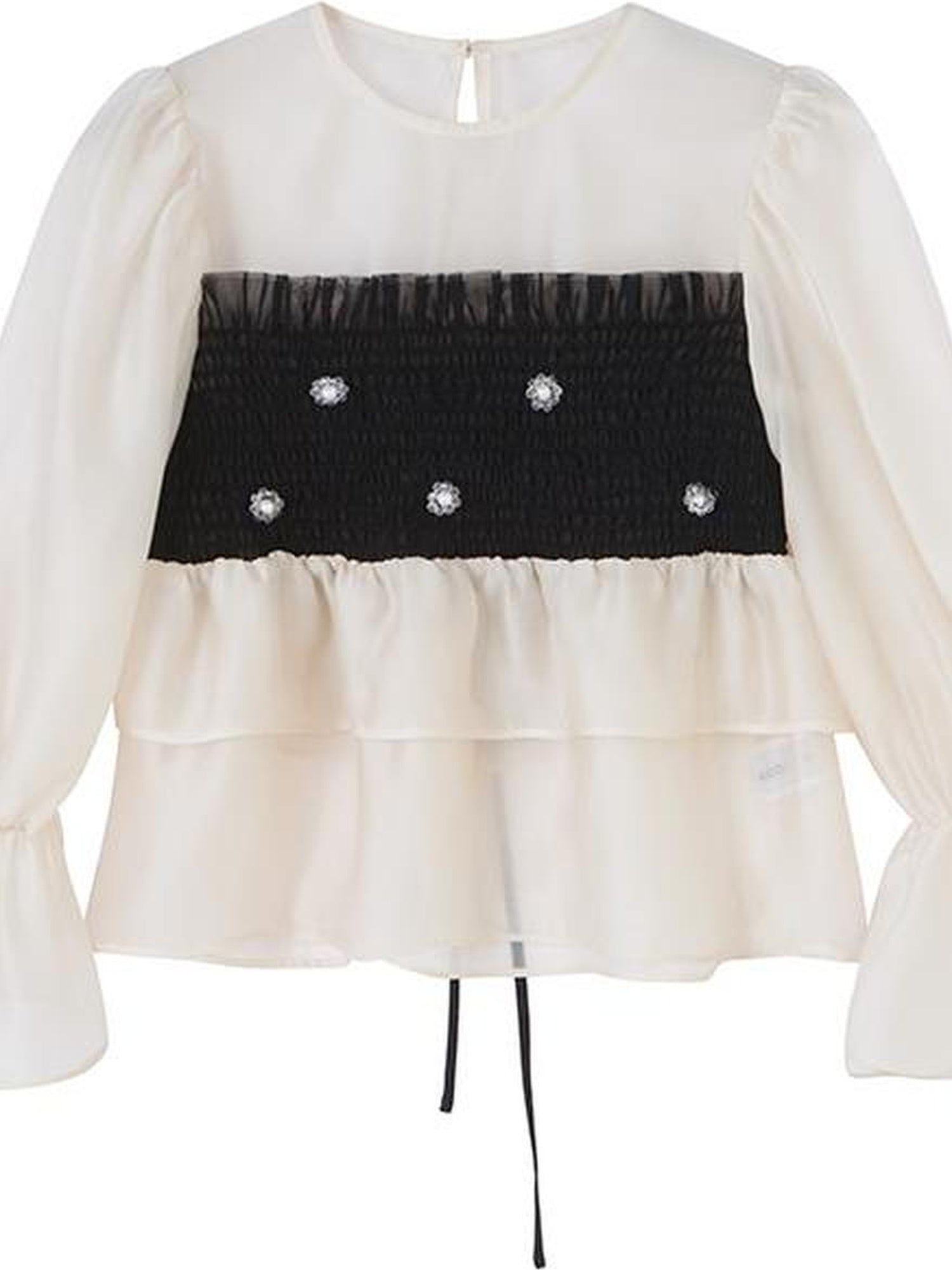 DIDDI MODA Lace Puff Sleeve Crop Top With Sheer Layered Hem
