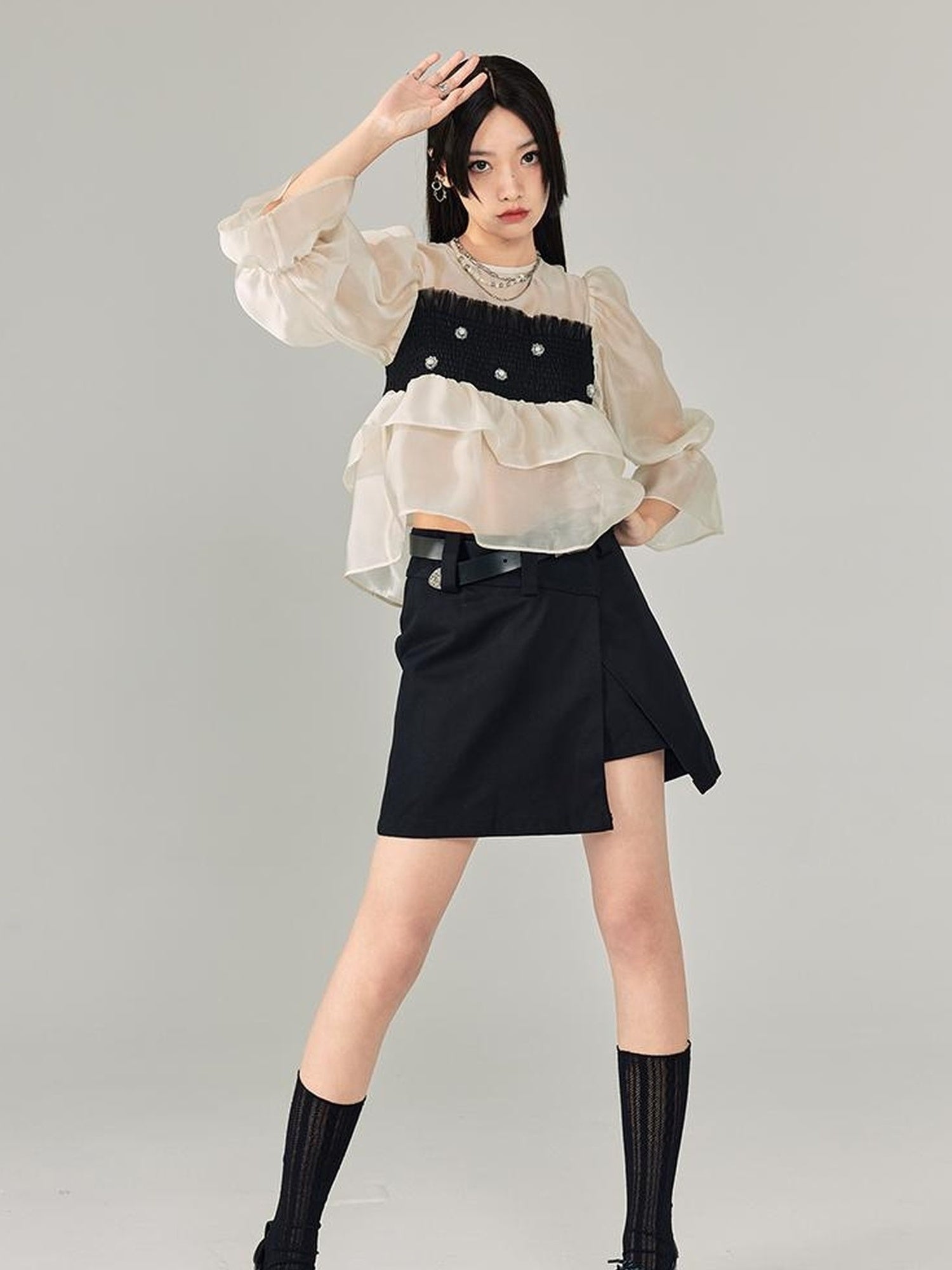 DIDDI MODA Lace Puff Sleeve Crop Top With Sheer Layered Hem