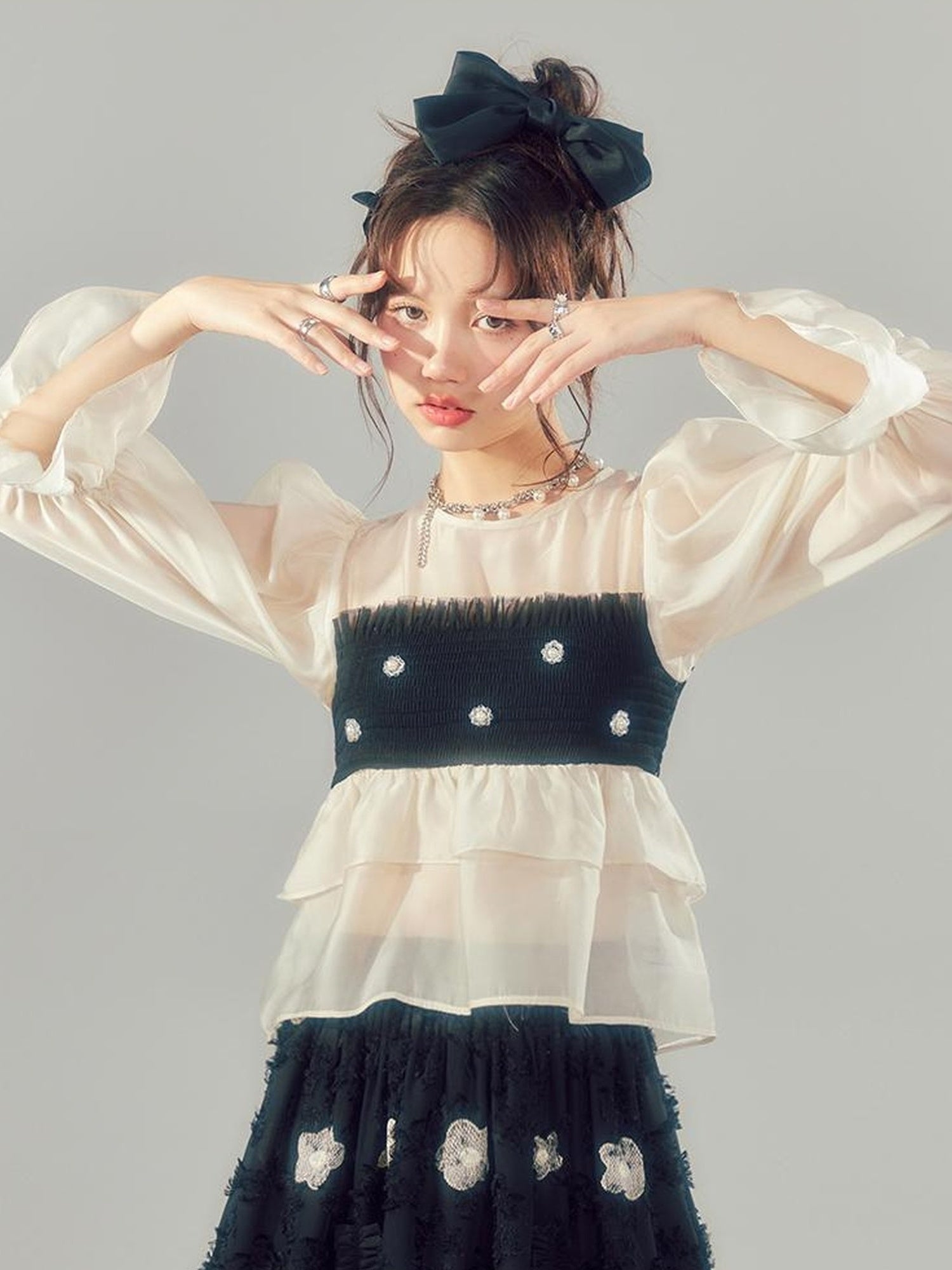 DIDDI MODA Lace Puff Sleeve Crop Top With Sheer Layered Hem