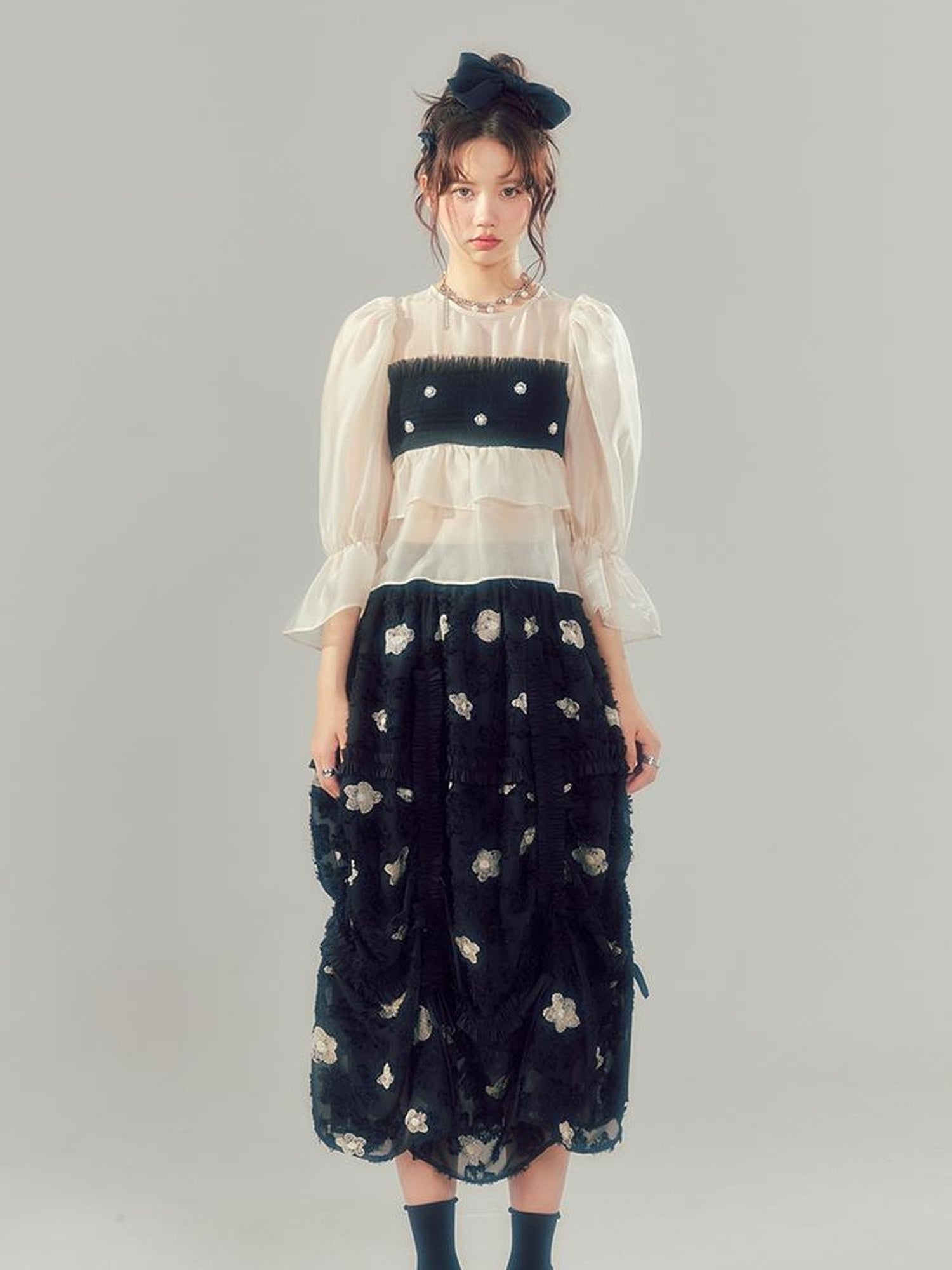 DIDDI MODA Lace Puff Sleeve Crop Top With Sheer Layered Hem