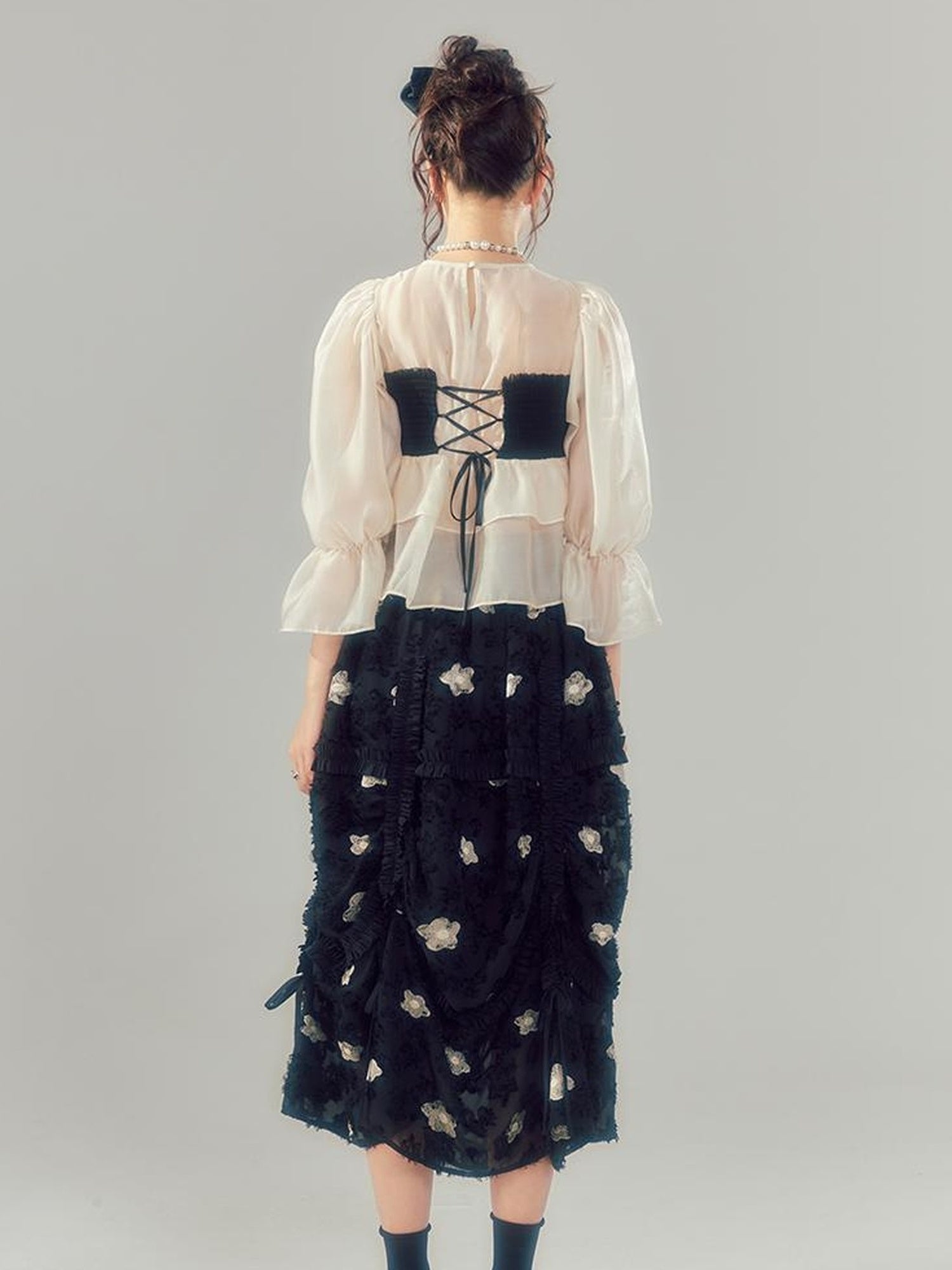 DIDDI MODA Lace Puff Sleeve Crop Top With Sheer Layered Hem