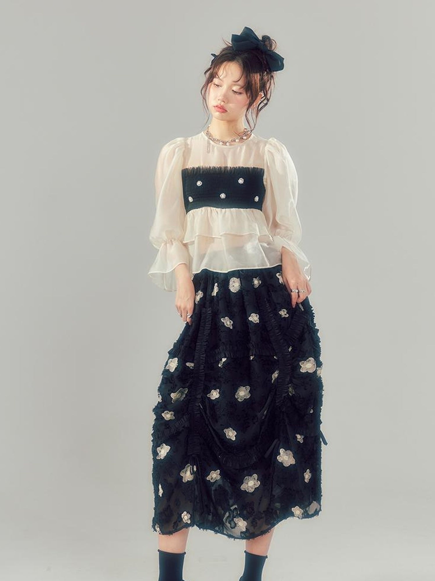 DIDDI MODA Lace Puff Sleeve Crop Top With Sheer Layered Hem