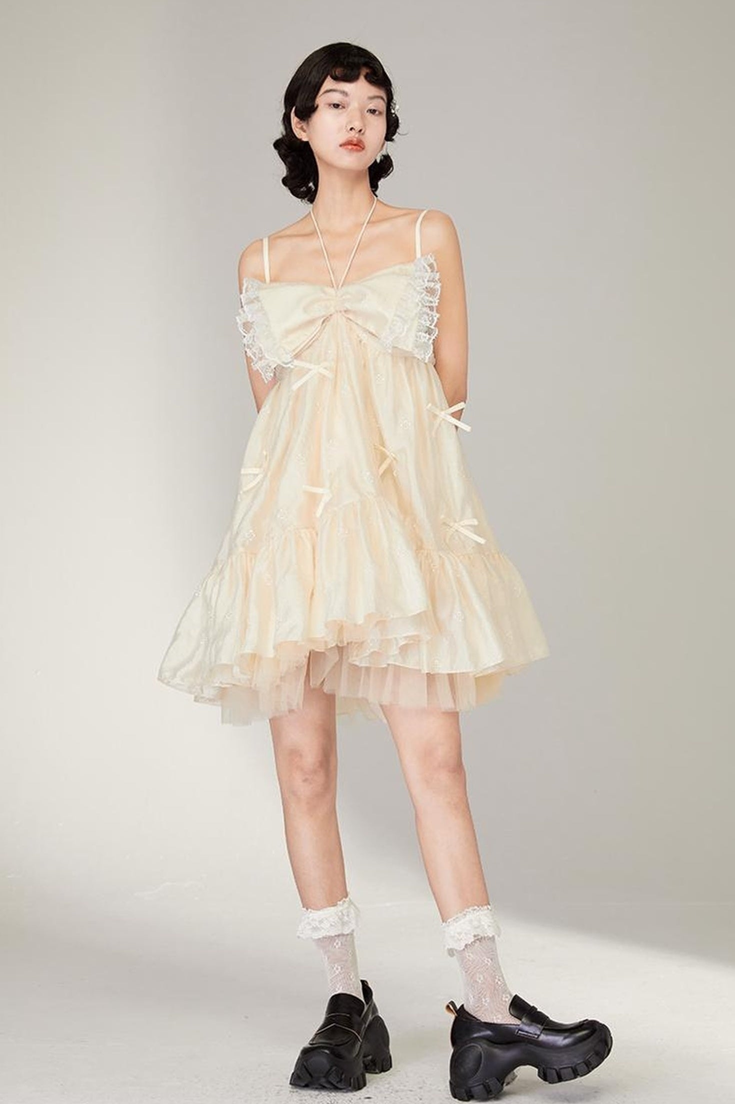 DIDDI MODA Lace Strap Floral Babydoll Dress With Bow Tie Detail