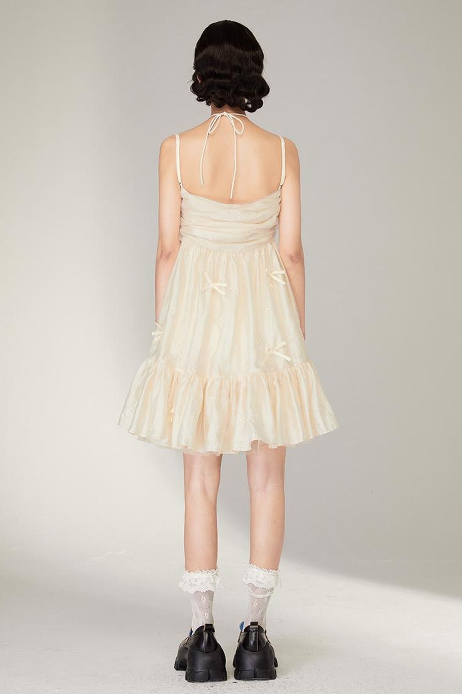 DIDDI MODA Lace Strap Floral Babydoll Dress With Bow Tie Detail