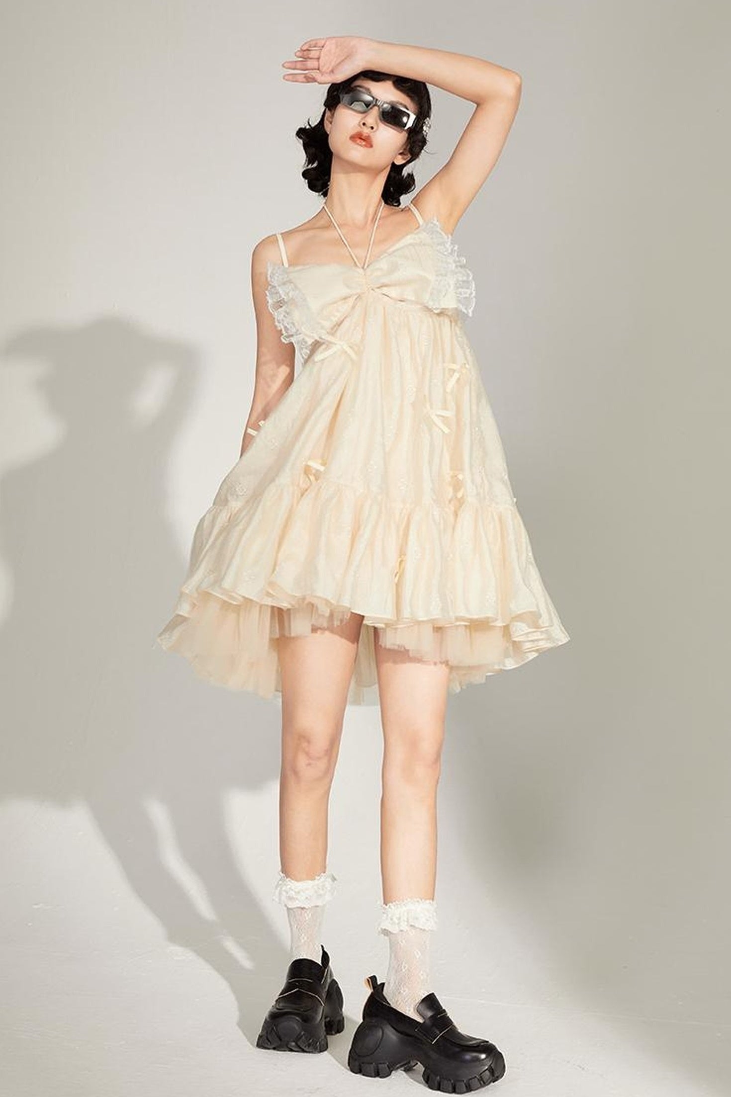 DIDDI MODA Lace Strap Floral Babydoll Dress With Bow Tie Detail