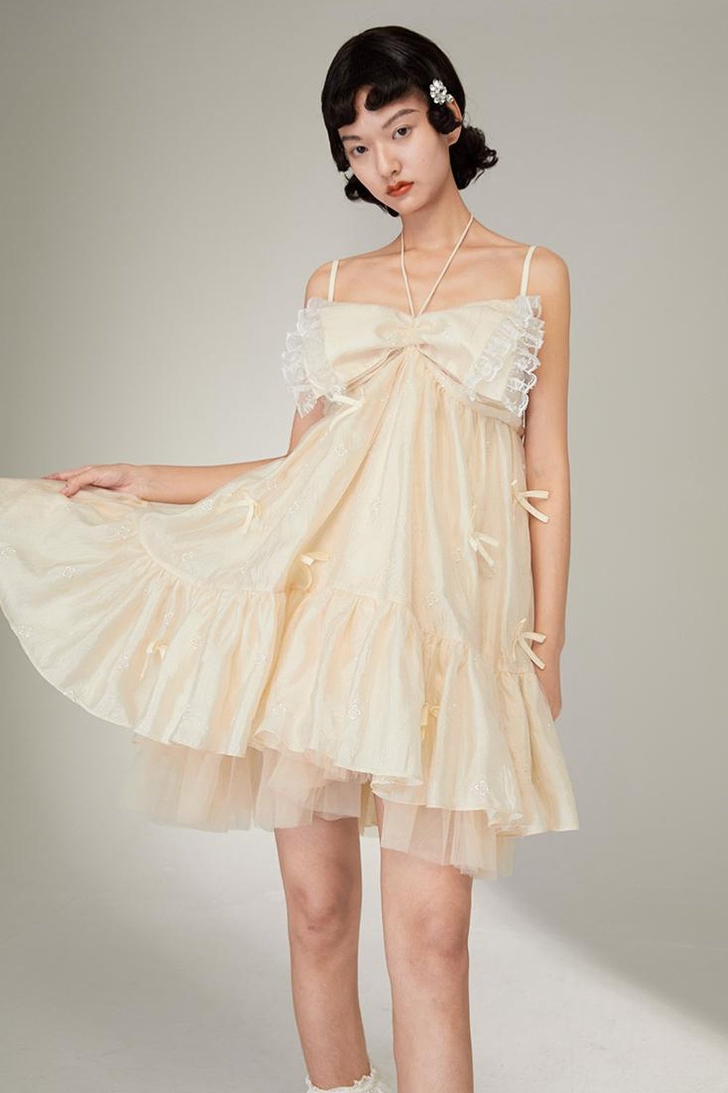 DIDDI MODA Lace Strap Floral Babydoll Dress With Bow Tie Detail