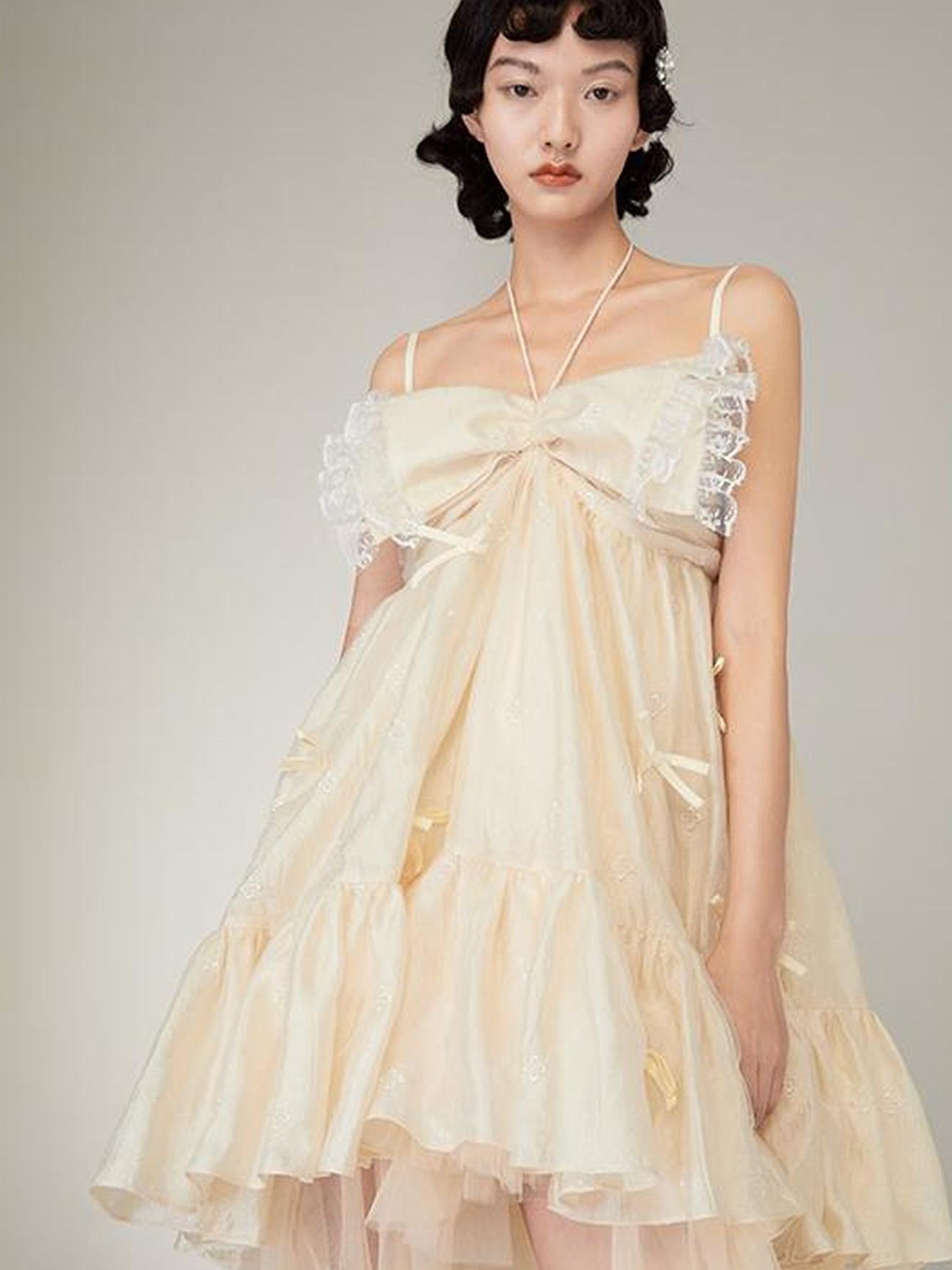 DIDDI MODA Lace Strap Floral Babydoll Dress With Bow Tie Detail