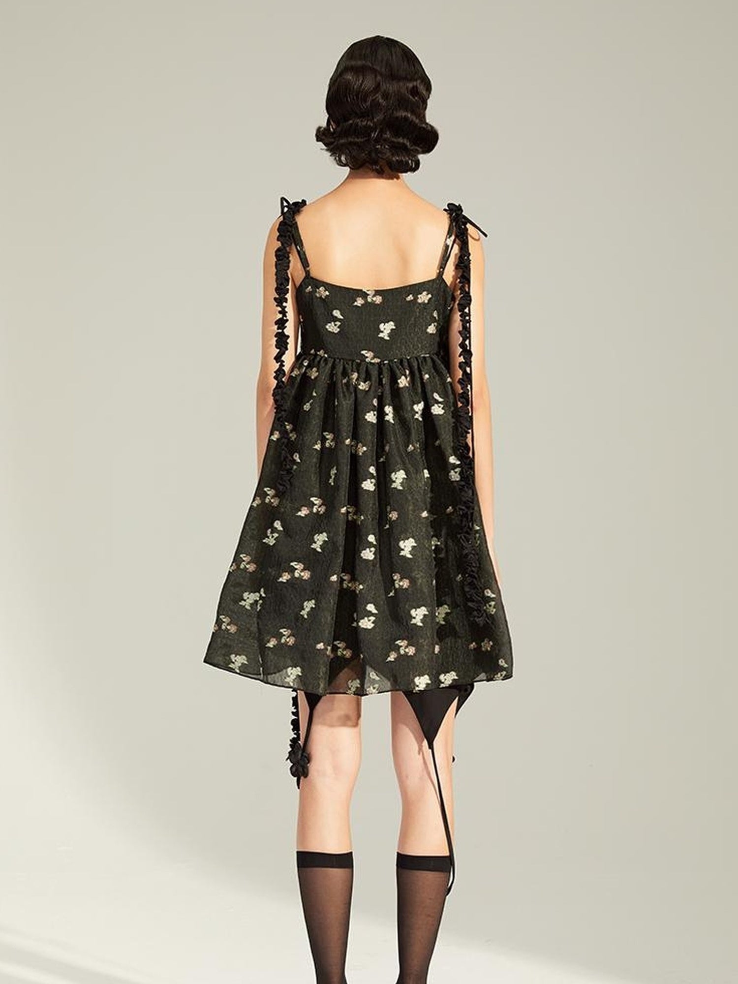 DIDDI MODA Lace Strap Floral Sundress In Black Beige