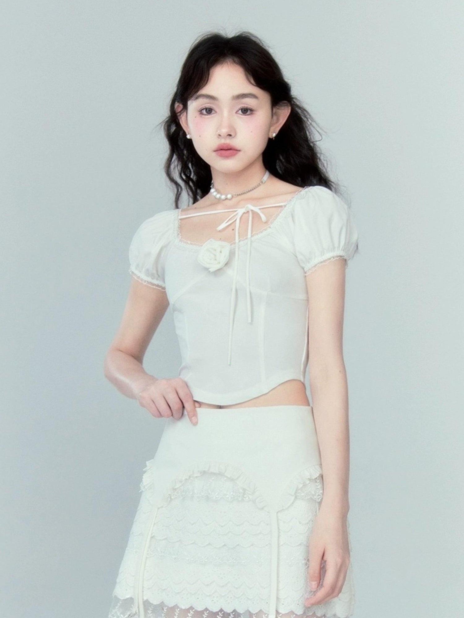 DIDDI MODA Lace Tiered Pure White Mini Skirt