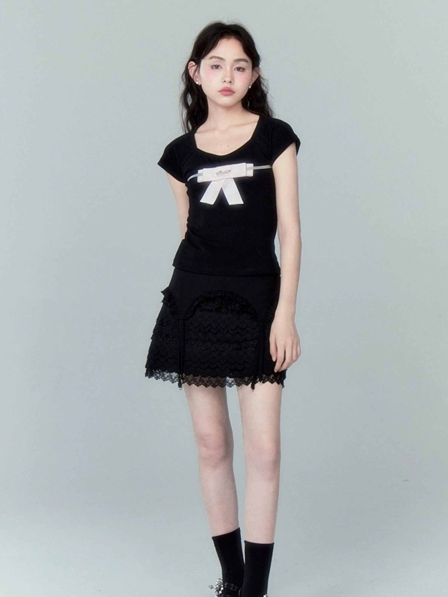 DIDDI MODA Lace Tiered Pure White Mini Skirt