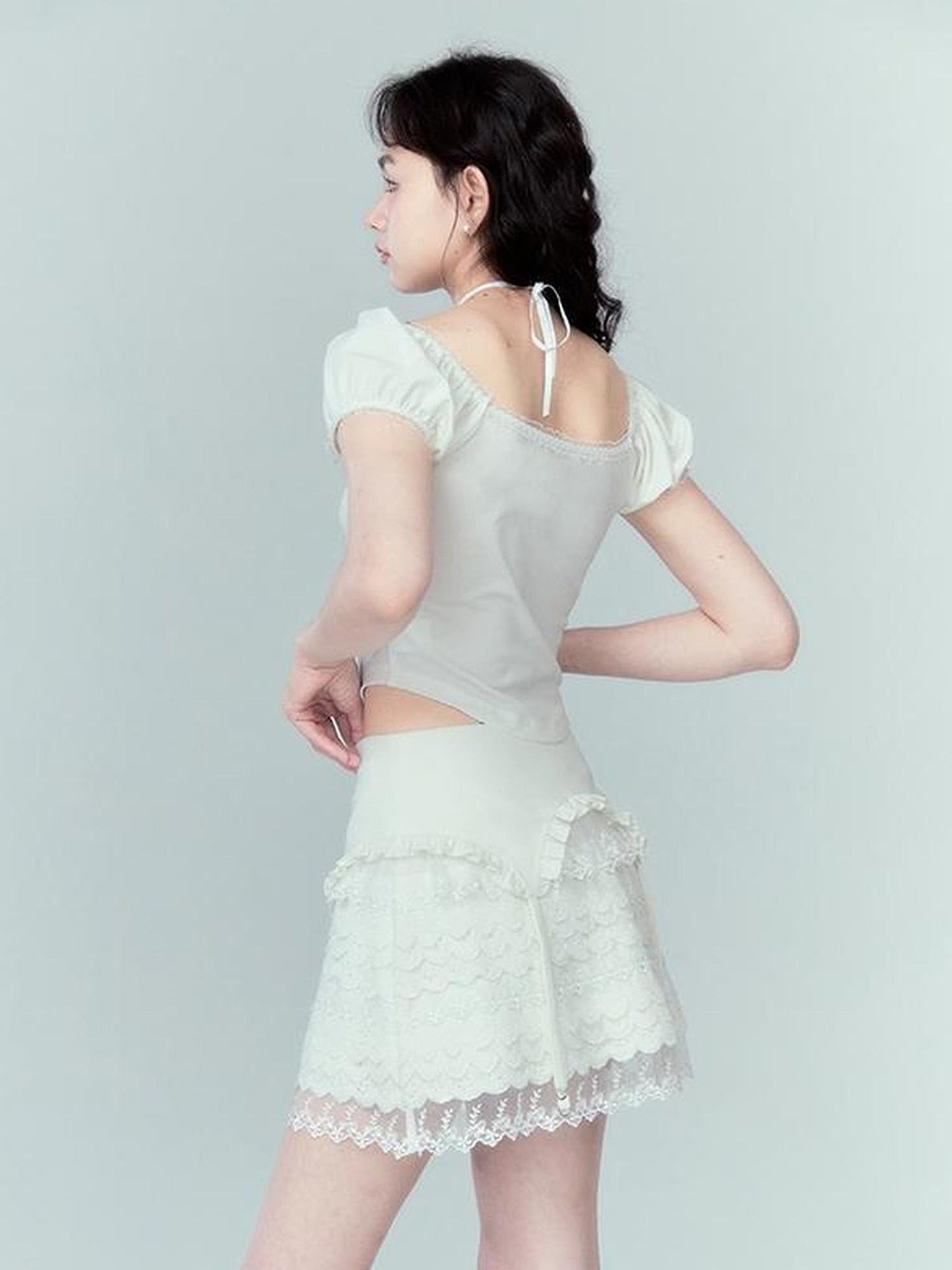 DIDDI MODA Lace Tiered Pure White Mini Skirt