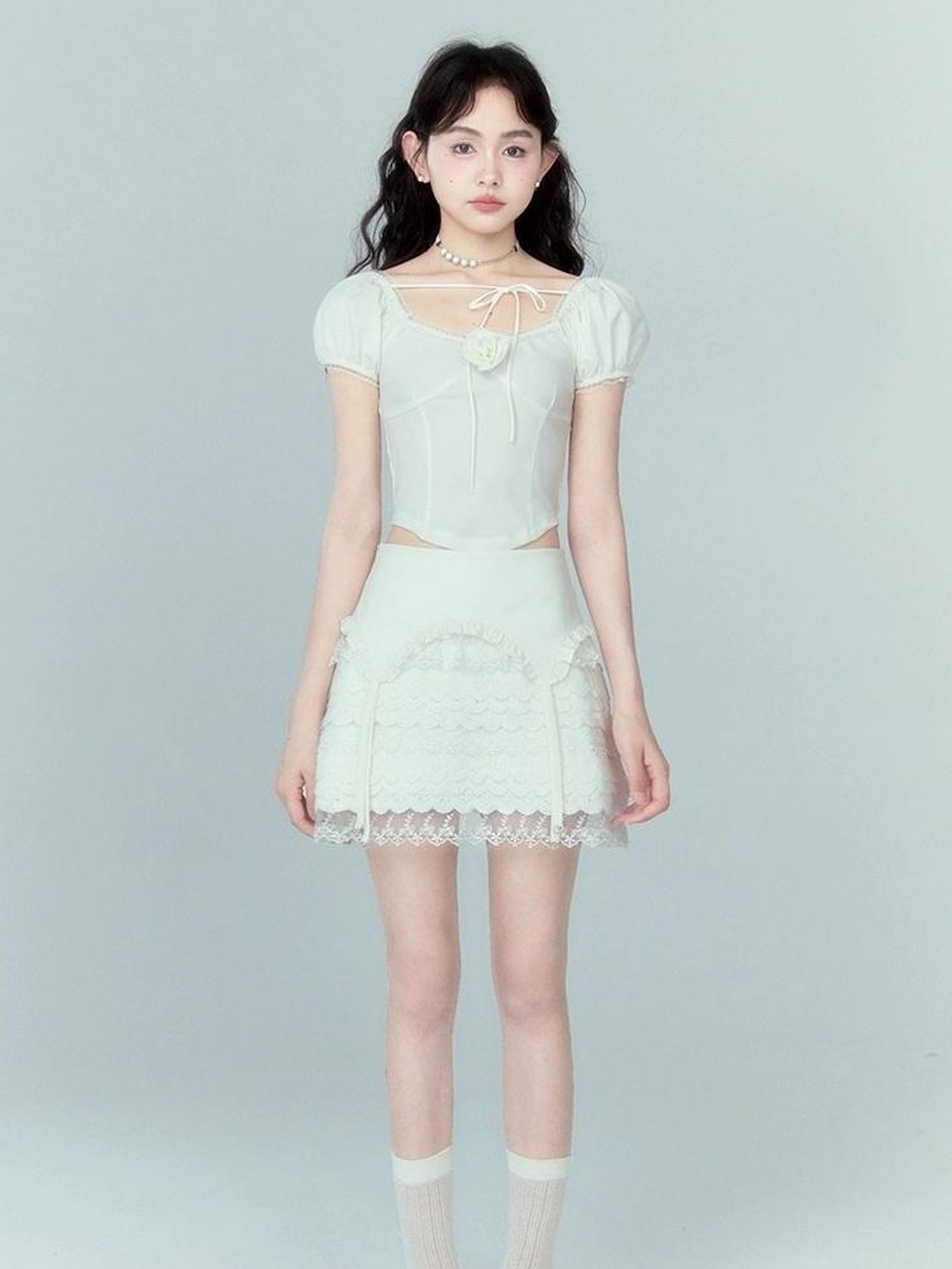 DIDDI MODA Lace Tiered Pure White Mini Skirt