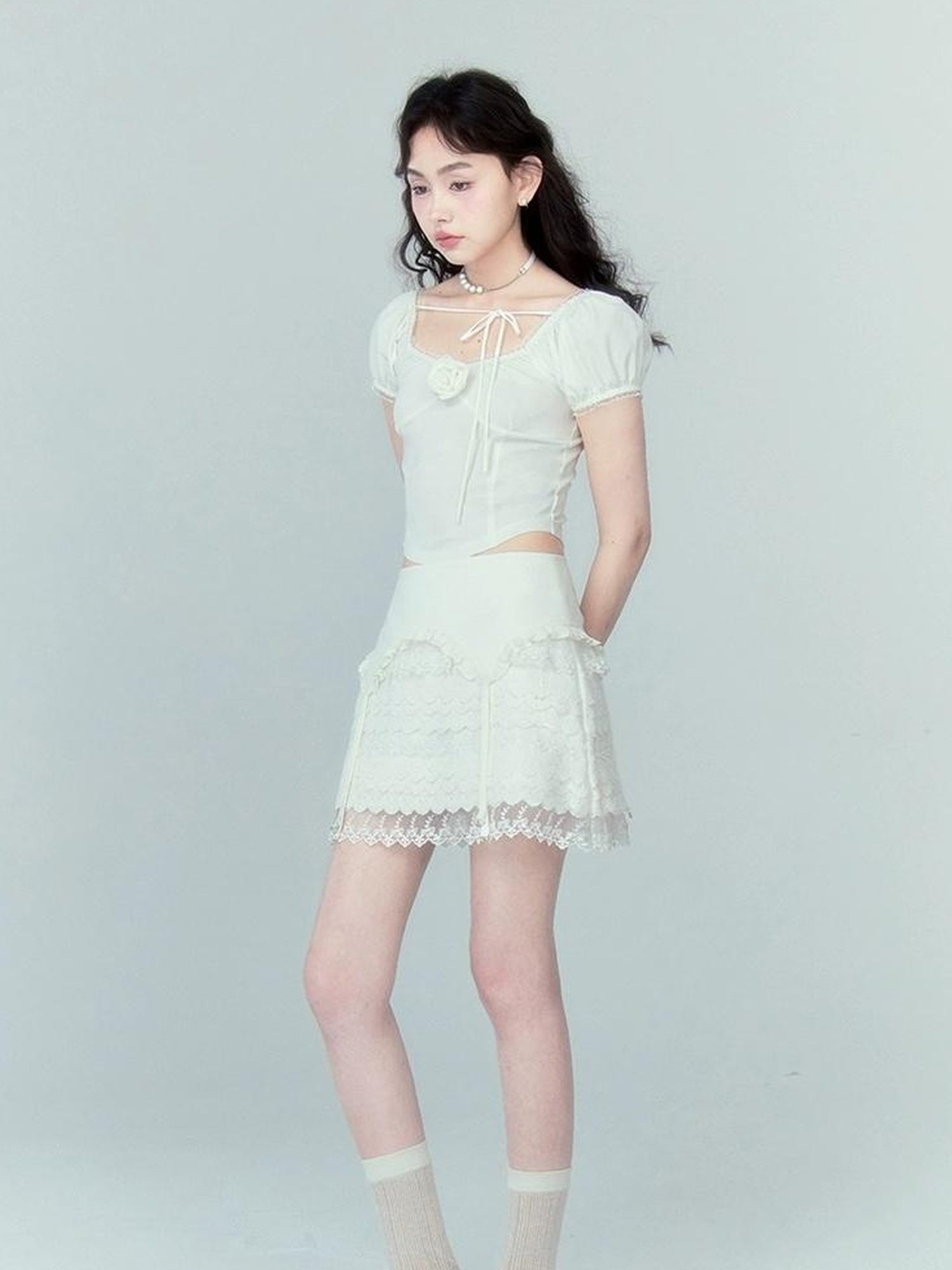 DIDDI MODA Lace Tiered Pure White Mini Skirt