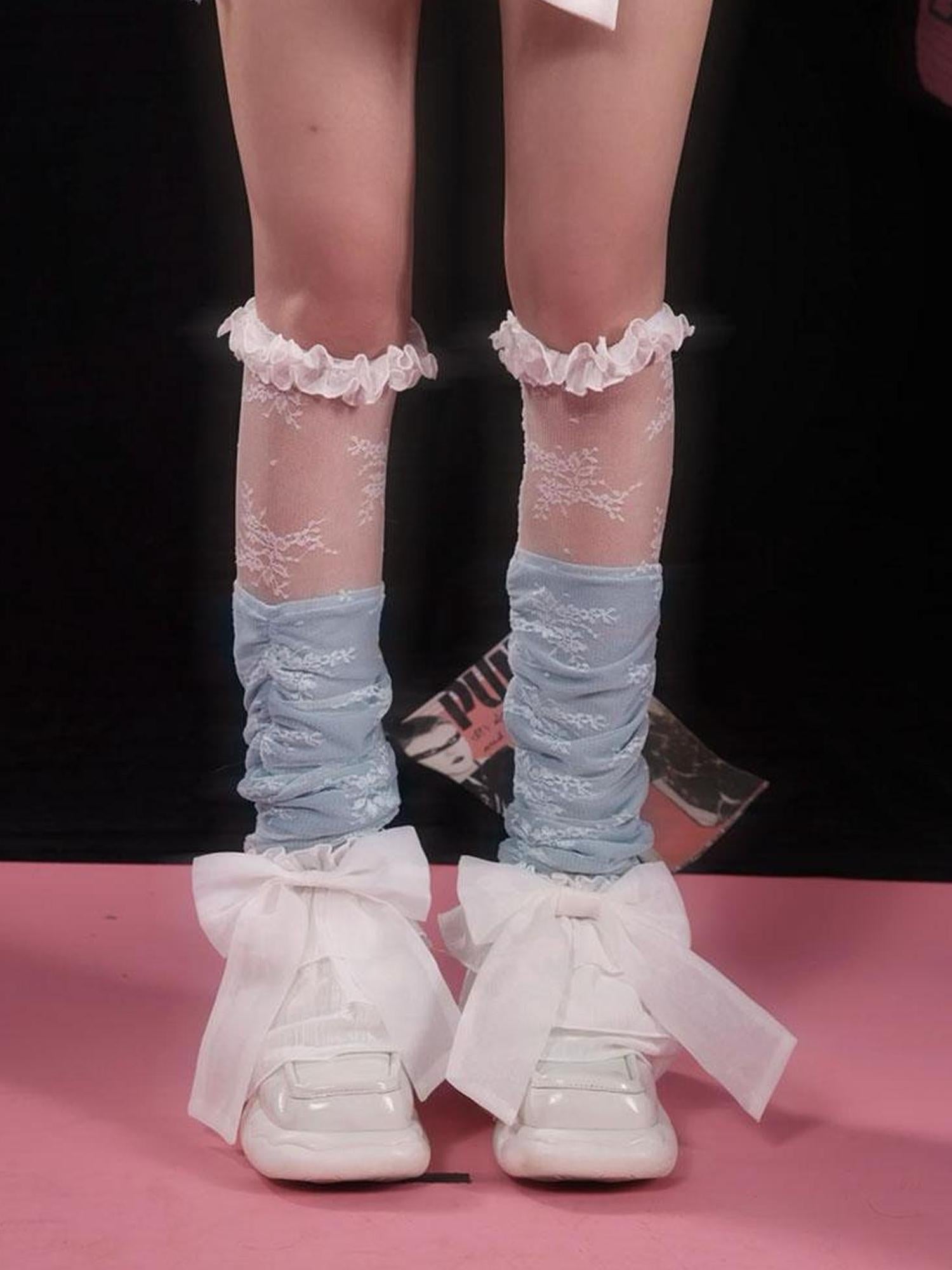 WSW WUSHENWU Lace Trim Bow Leg Warmers Thigh High Socks