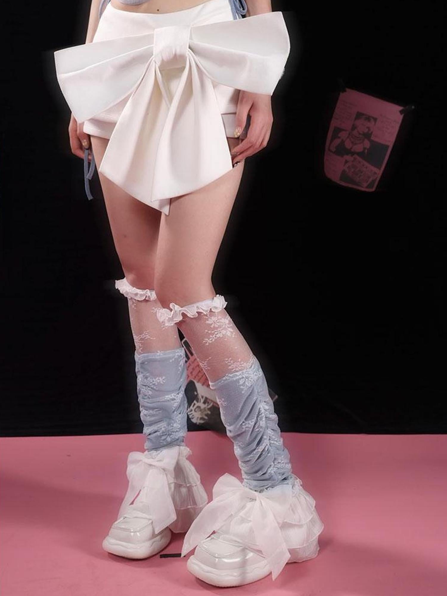 WSW WUSHENWU Lace Trim Bow Leg Warmers Thigh High Socks