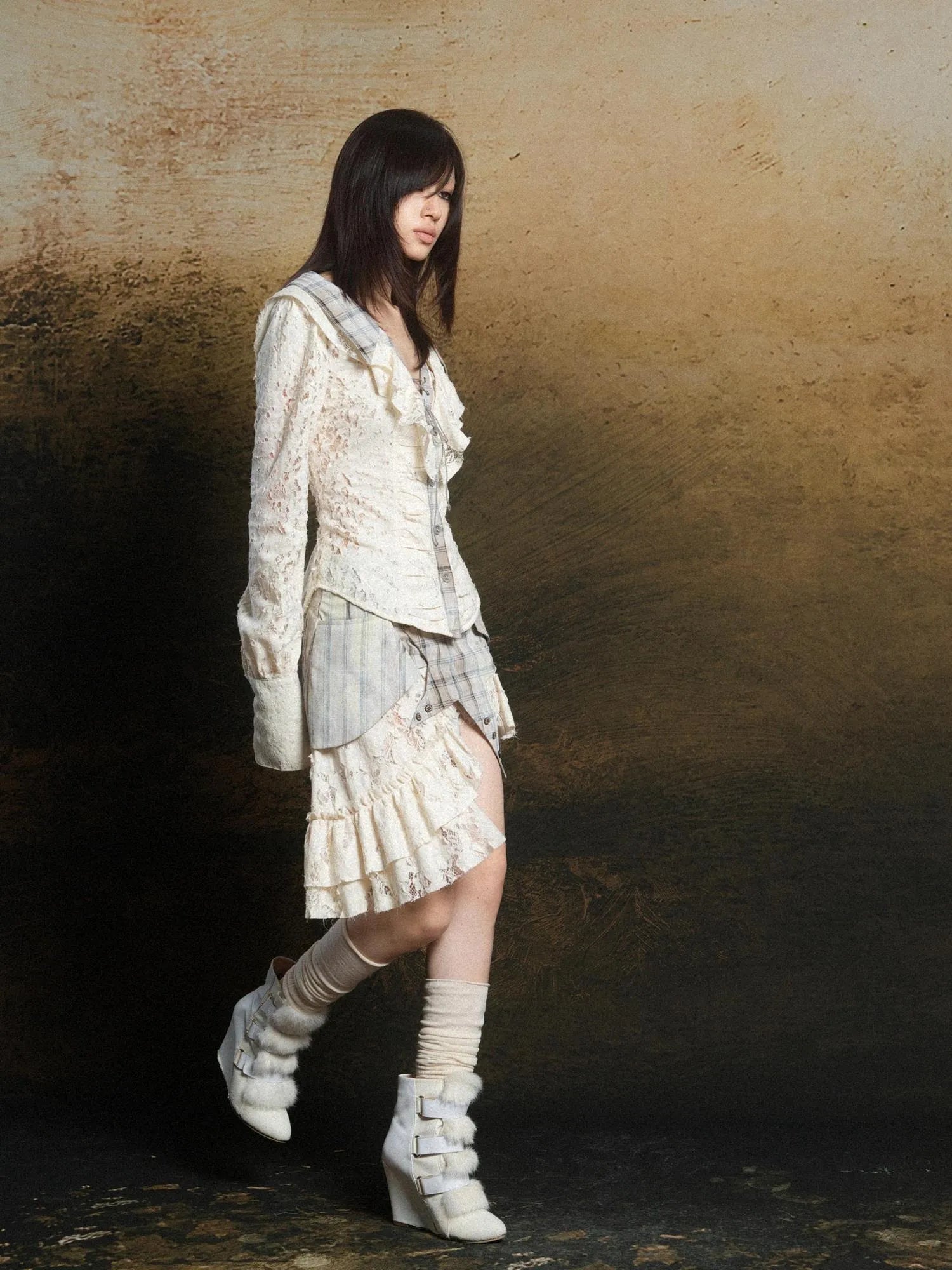 Lace Trim Double Layer Neck Hollow Out Punk Romantic Vintage Blouse