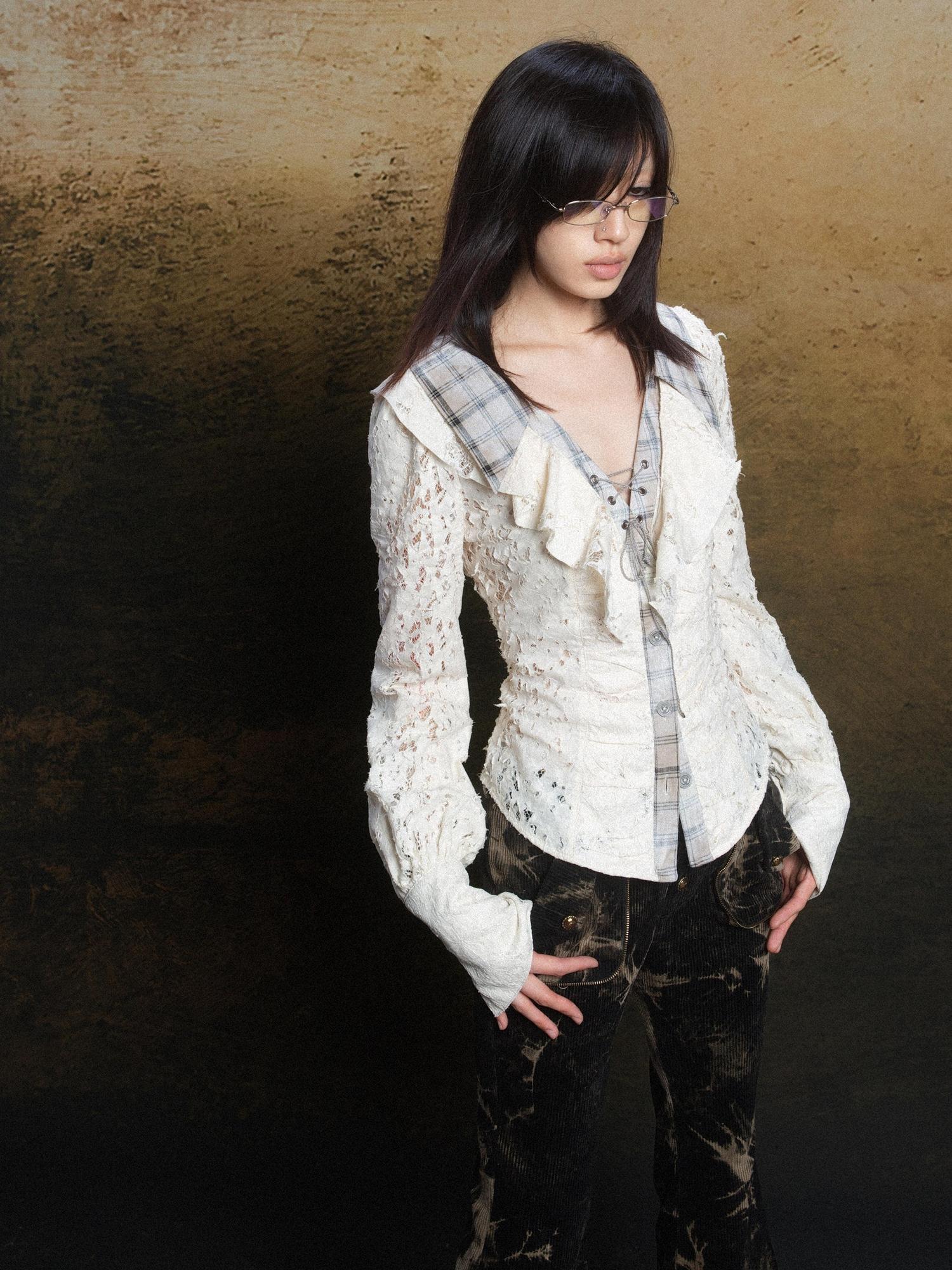 ARIADNAw Lace Trim Double Layer Neck Hollow Out Punk Romantic Vintage Blouse