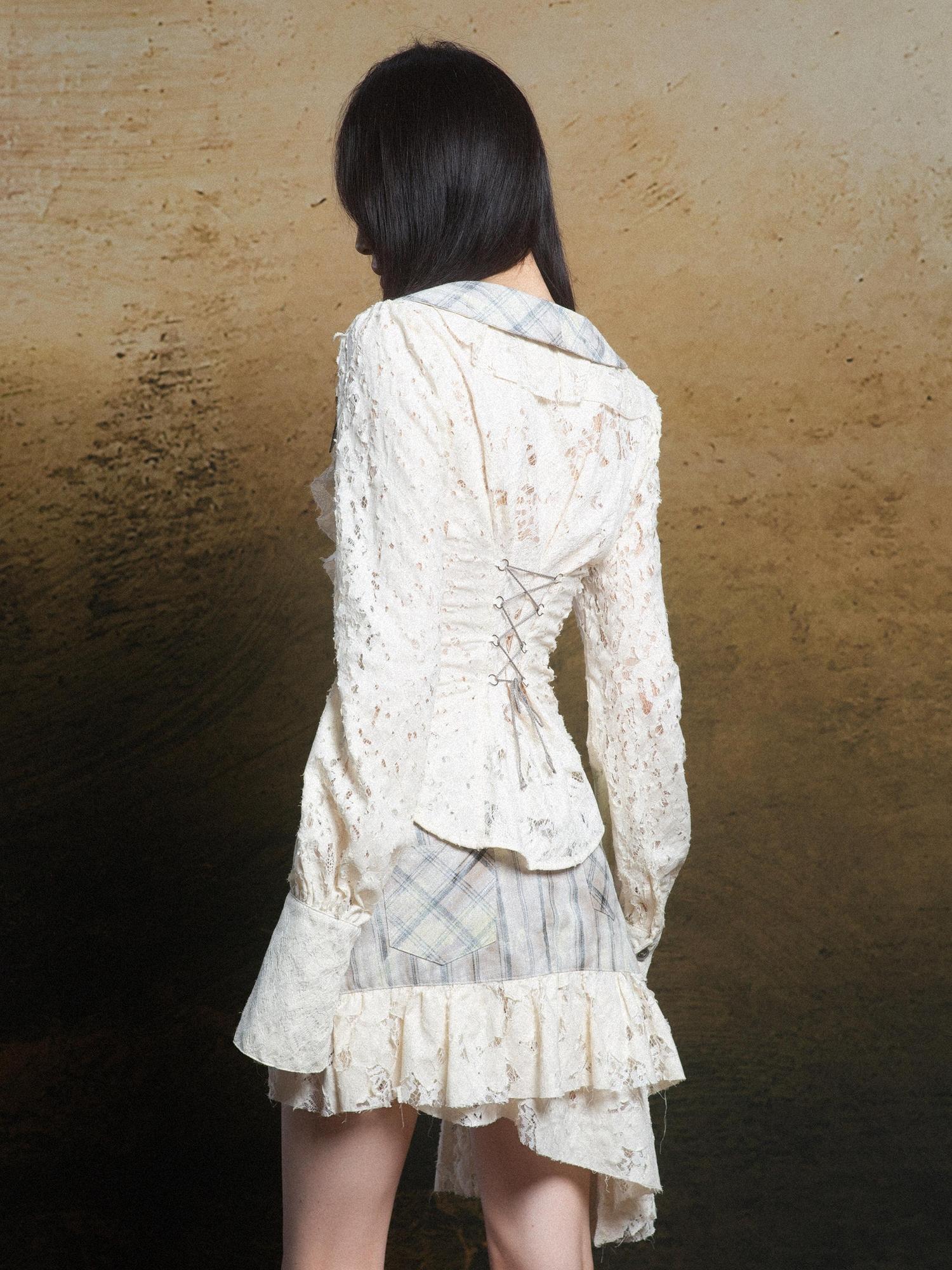 ARIADNAw Lace Trim Double Layer Neck Hollow Out Punk Romantic Vintage Blouse