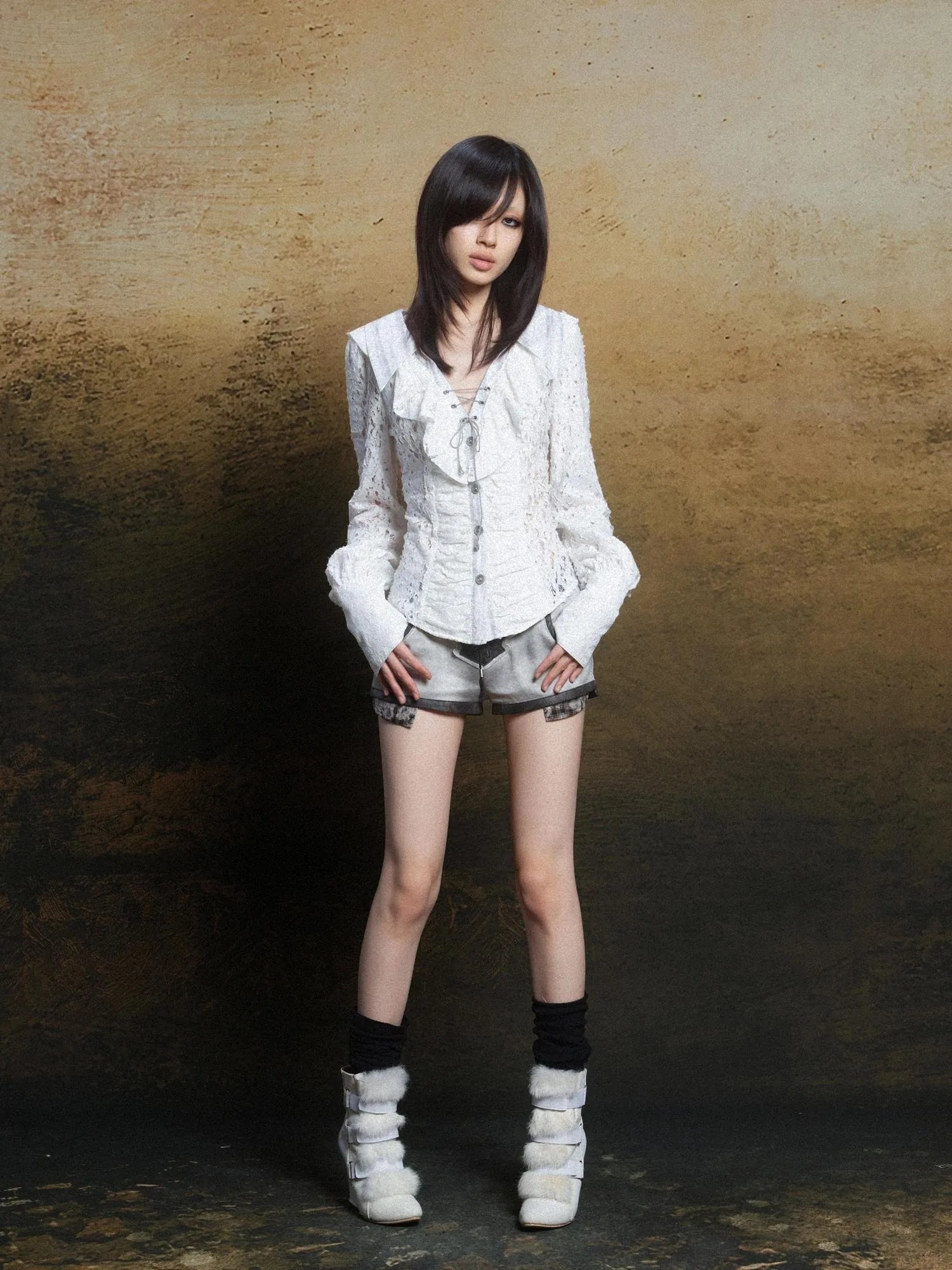 Lace Trim Double Layer Neck Hollow Out Punk Romantic Vintage Blouse