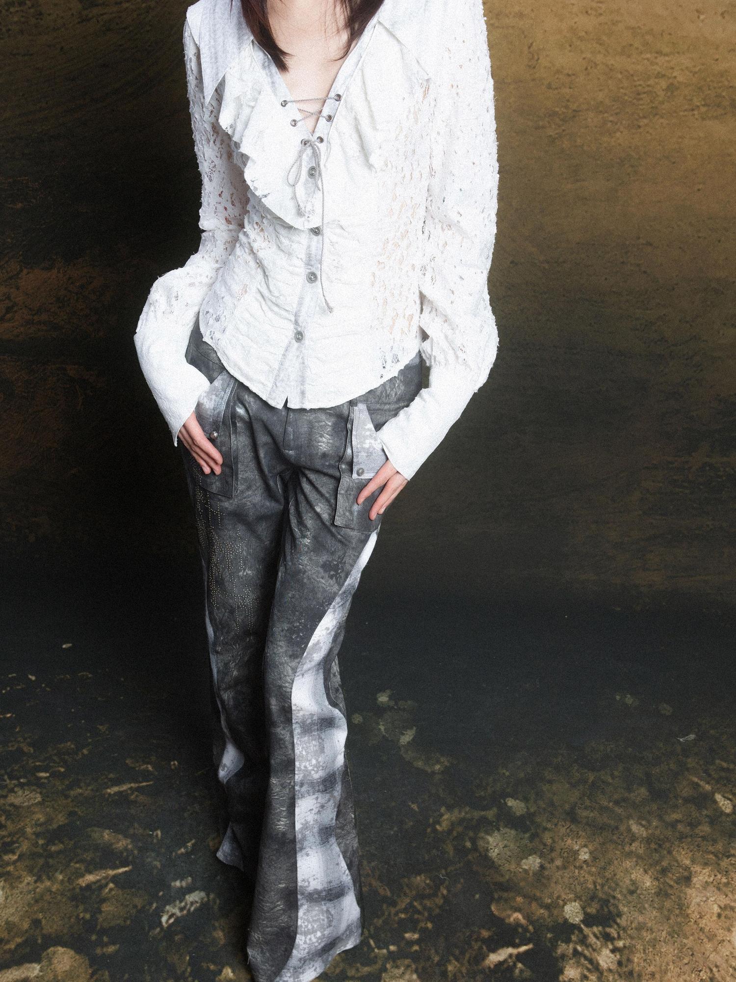 ARIADNAw Lace Trim Double Layer Neck Hollow Out Punk Romantic Vintage Blouse