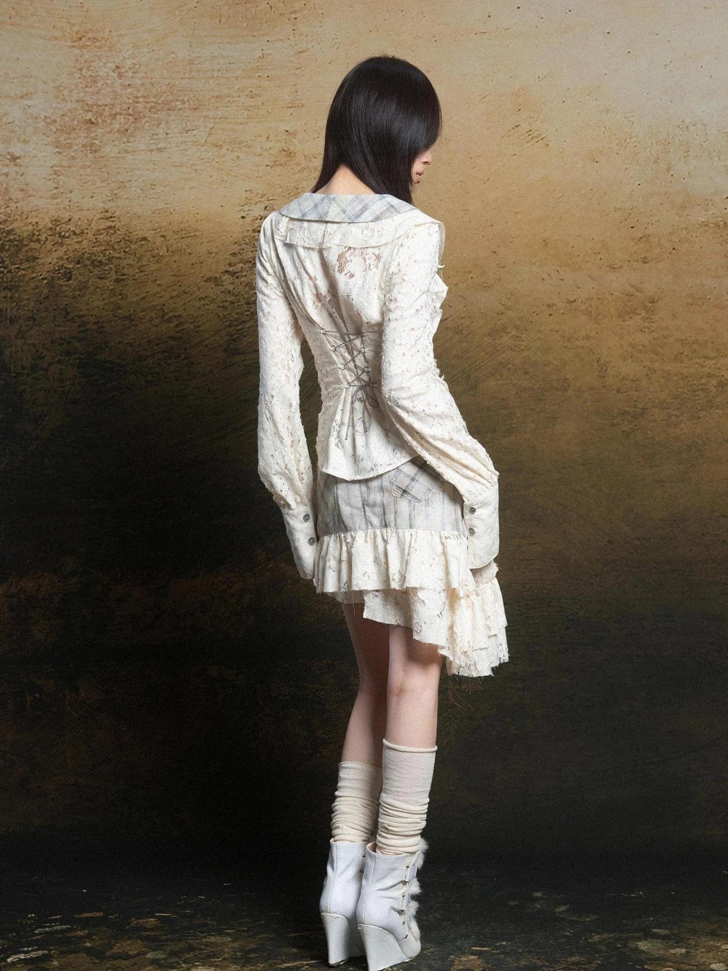 Lace Trim Double Layer Neck Hollow Out Punk Romantic Vintage Blouse