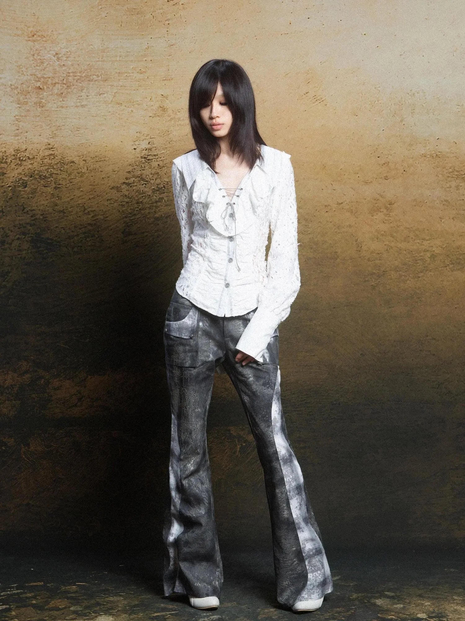 Lace Trim Double Layer Neck Hollow Out Punk Romantic Vintage Blouse