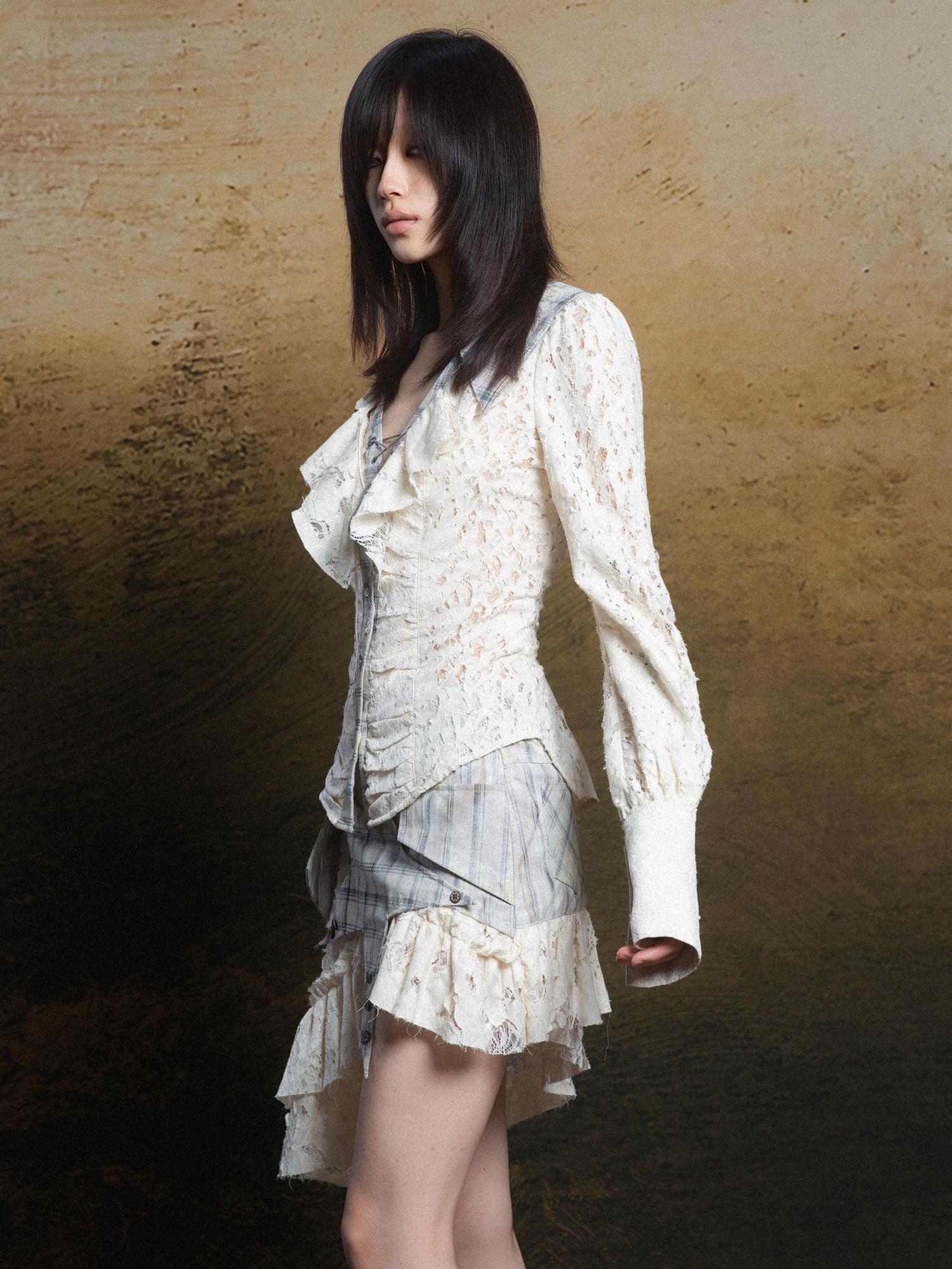 ARIADNAw Lace Trim Double Layer Neck Hollow Out Punk Romantic Vintage Blouse