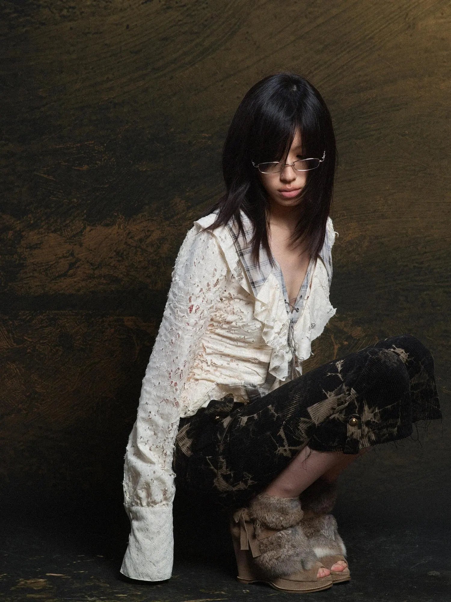 Lace Trim Double Layer Neck Hollow Out Punk Romantic Vintage Blouse