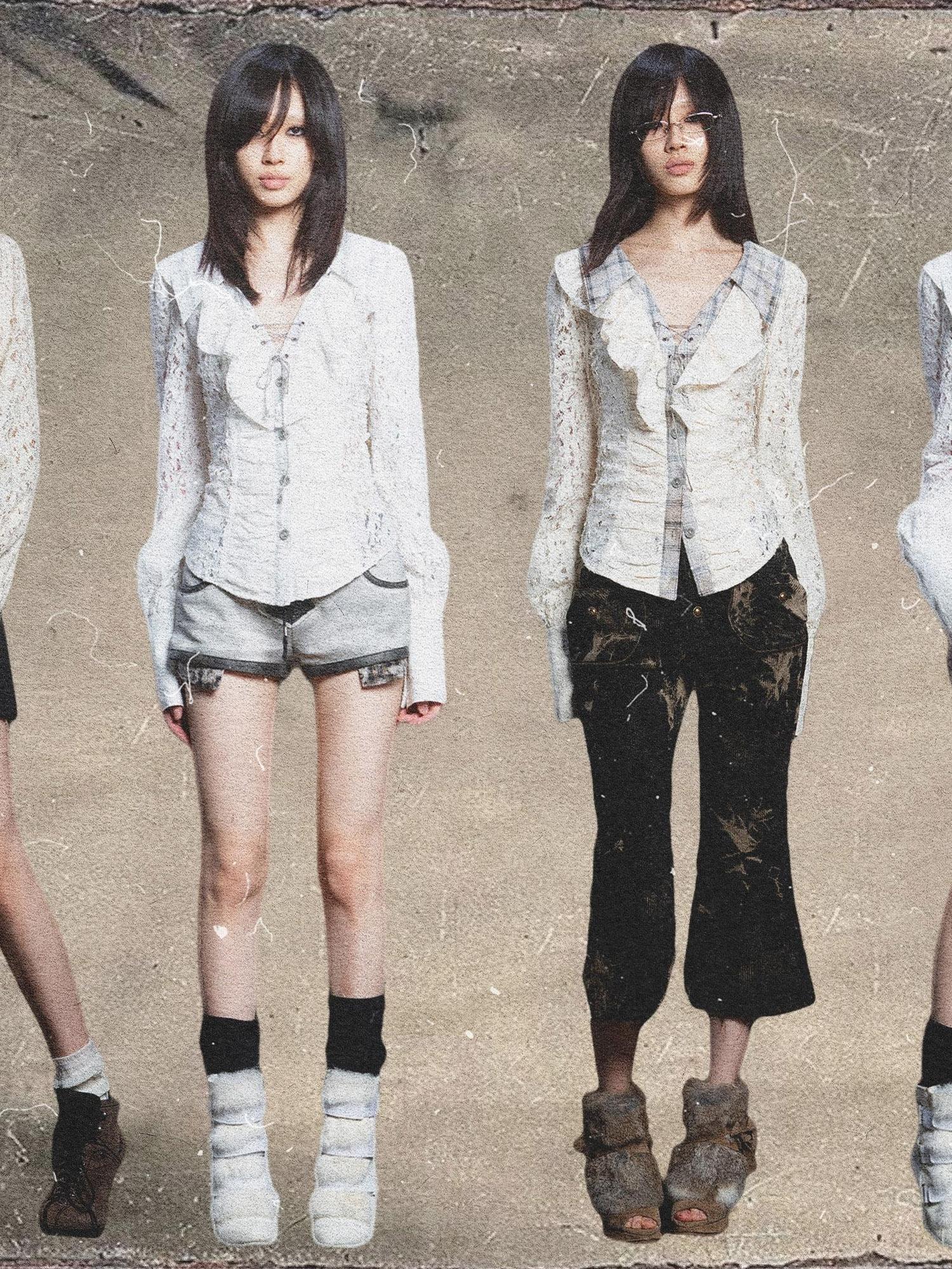 ARIADNAw Lace Trim Double Layer Neck Hollow Out Punk Romantic Vintage Blouse