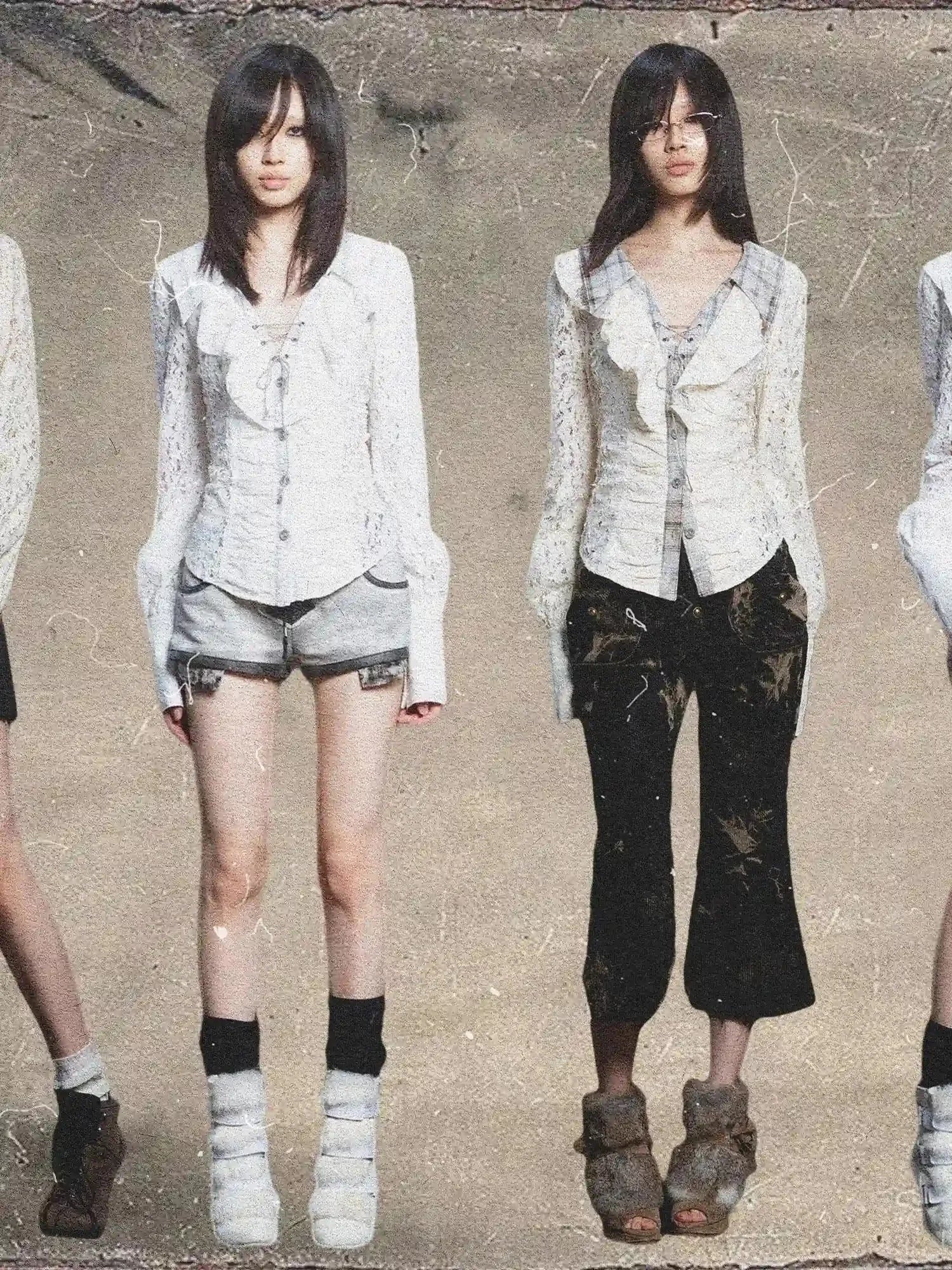 Lace Trim Double Layer Neck Hollow Out Punk Romantic Vintage Blouse