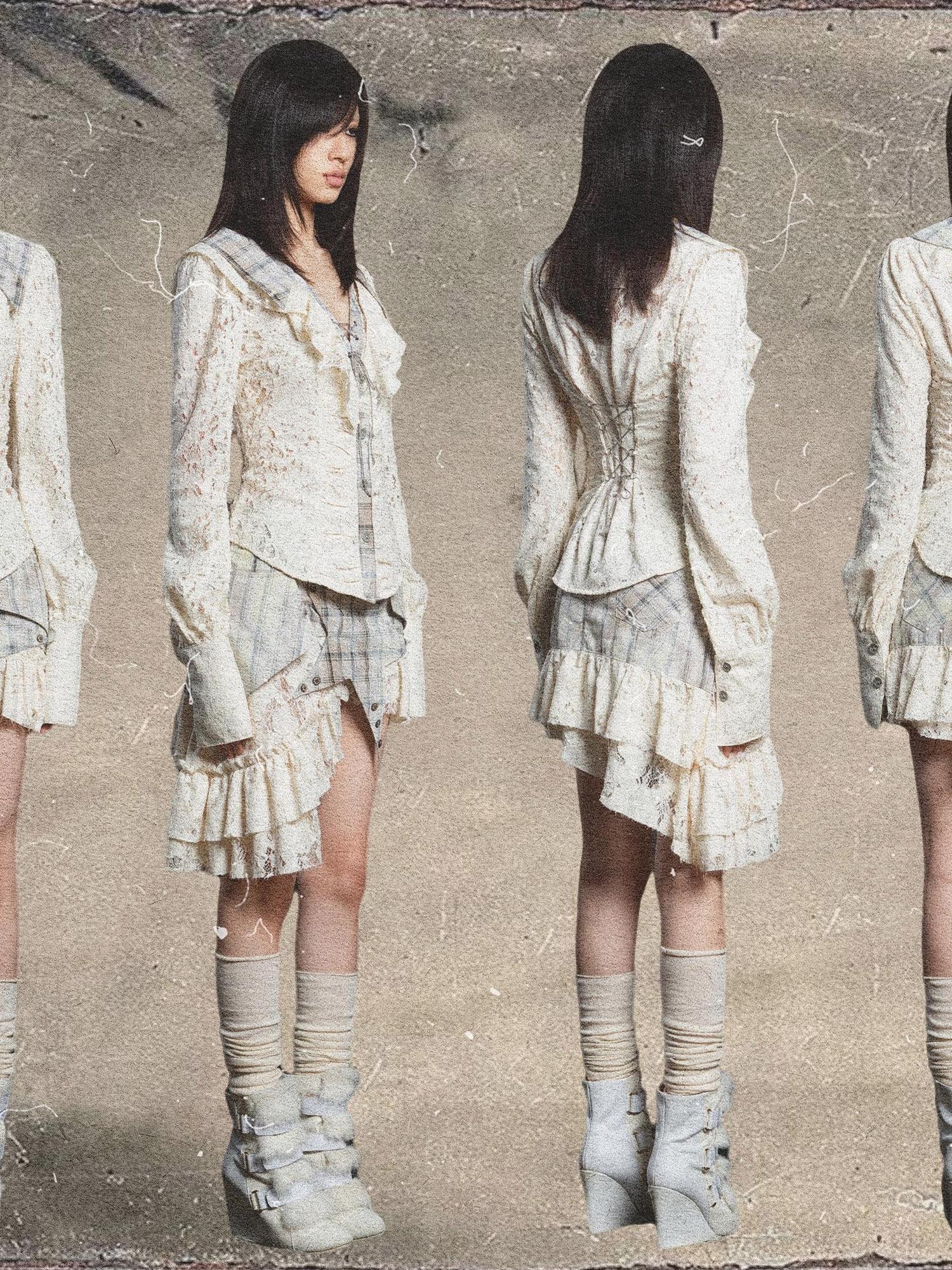 ARIADNAw Lace Trim Double Layer Neck Hollow Out Punk Romantic Vintage Blouse