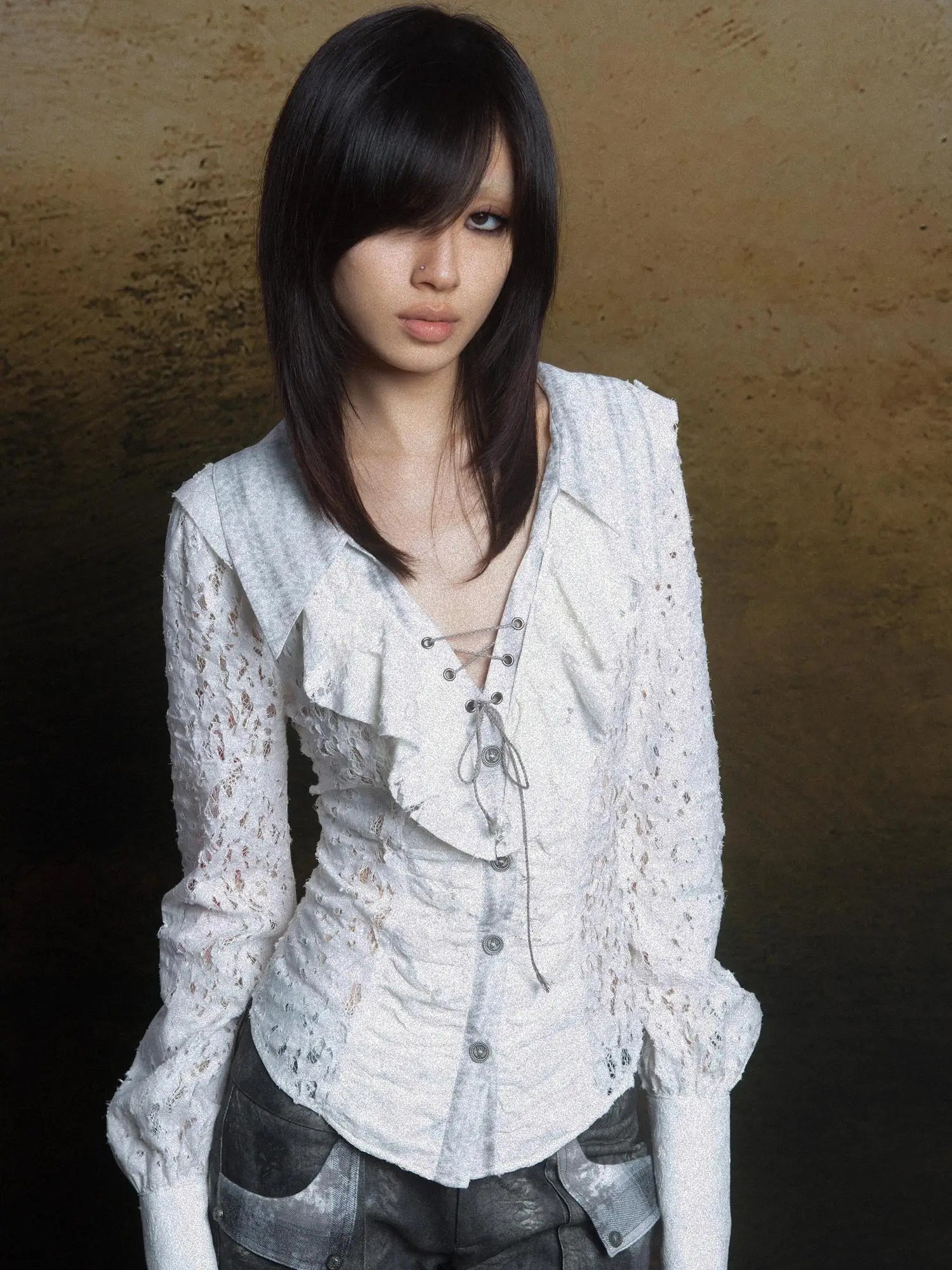 Lace Trim Double Layer Neck Hollow Out Punk Romantic Vintage Blouse