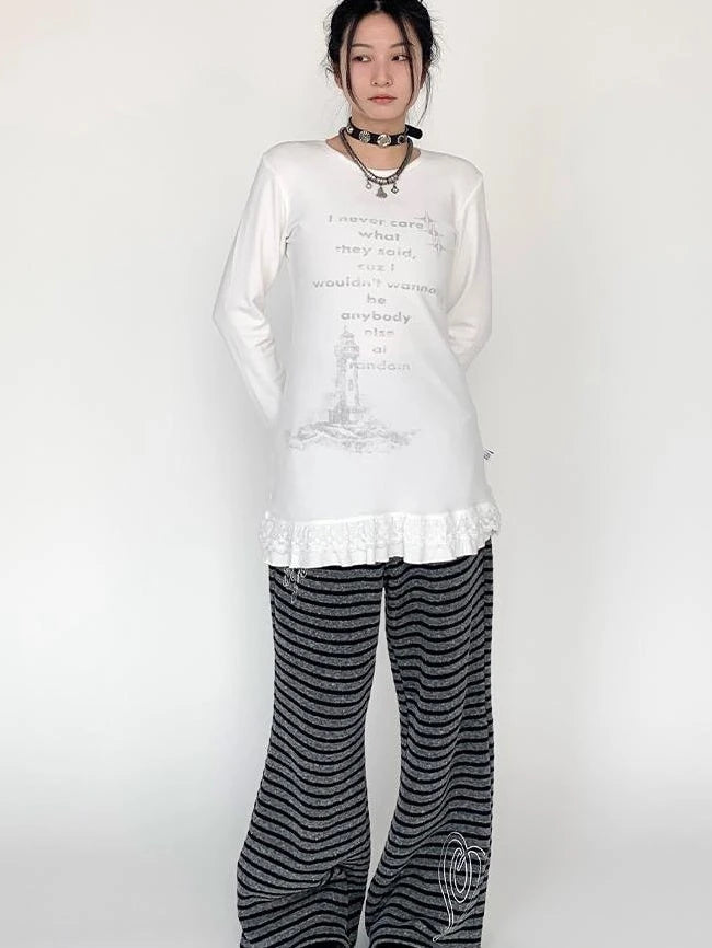 Lace Trim Floral Print Slim Long Sleeve T-Shirt Dresses