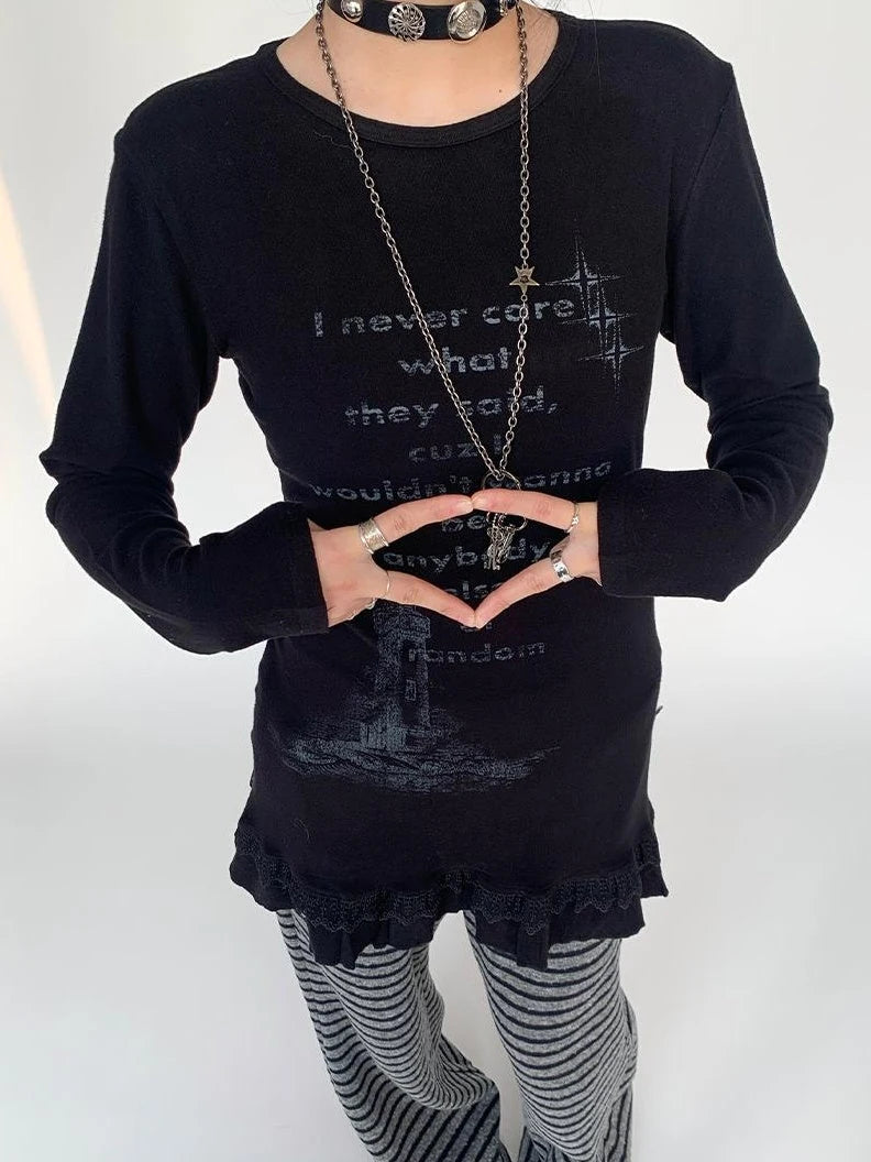 Lace Trim Floral Print Slim Long Sleeve T-Shirt Dresses