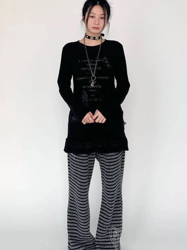 Lace Trim Floral Print Slim Long Sleeve T-Shirt Dresses