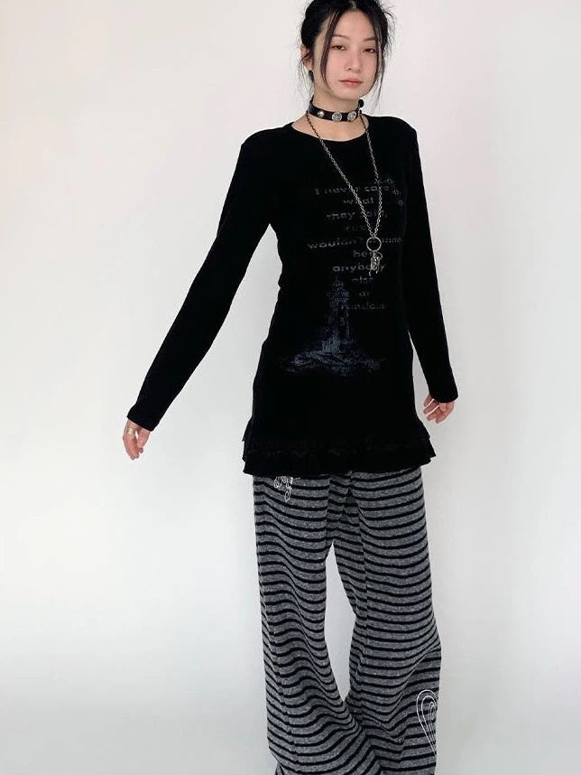 Lace Trim Floral Print Slim Long Sleeve T-Shirt Dresses