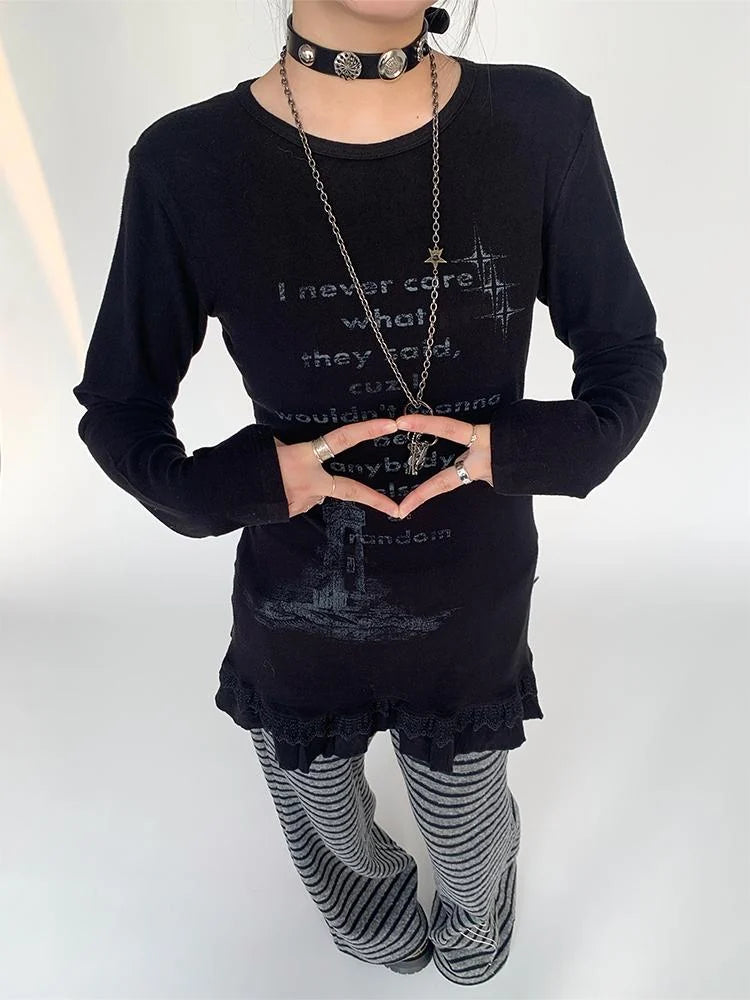Lace Trim Floral Print Slim Long Sleeve T-Shirt Dresses
