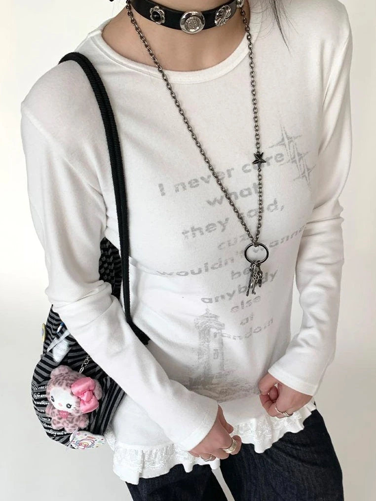 Lace Trim Floral Print Slim Long Sleeve T-Shirt Dresses