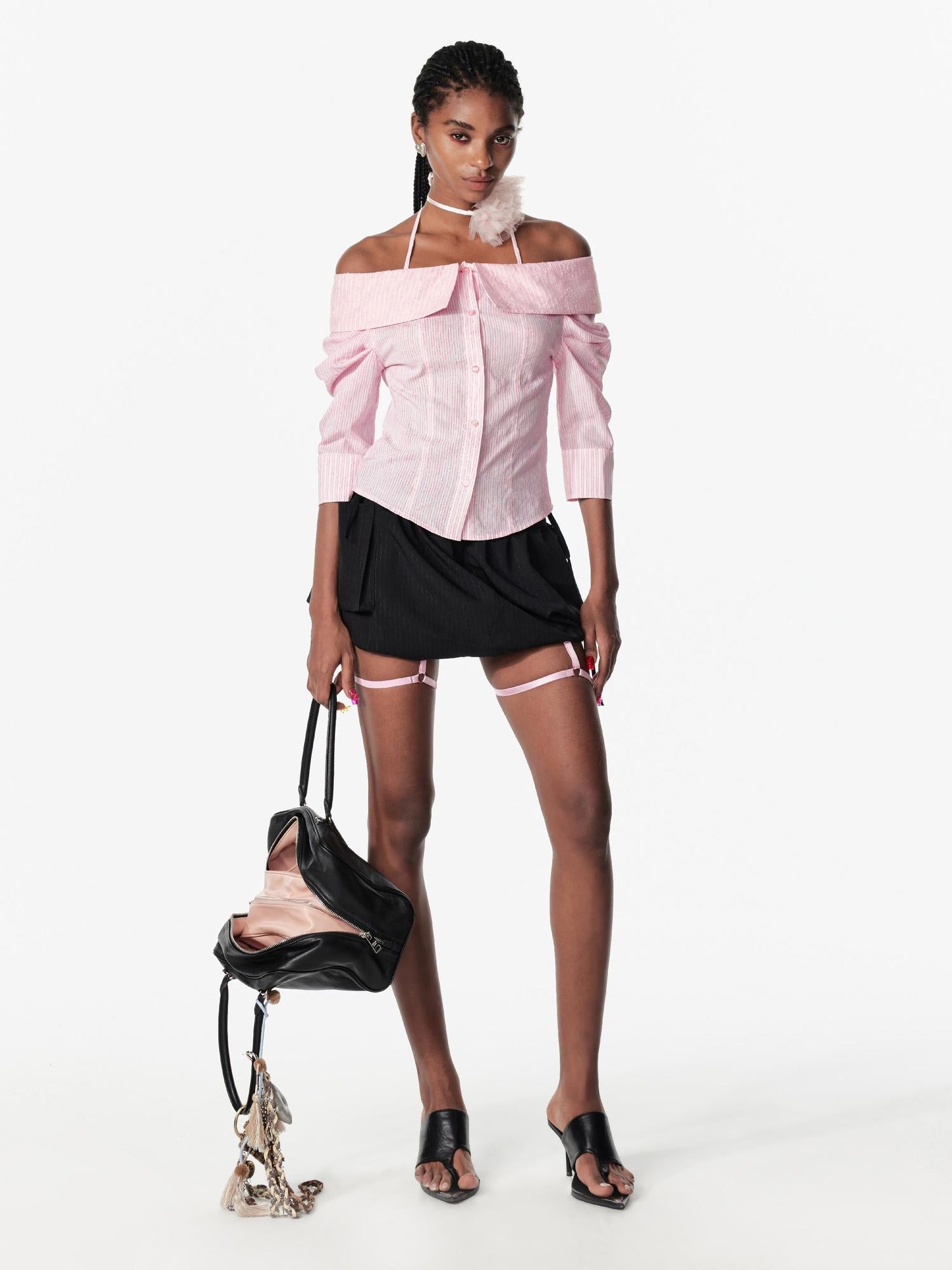 2th Desire Lace Trim Off-Shoulder C-Cut Back Fitted Blouse Shirt