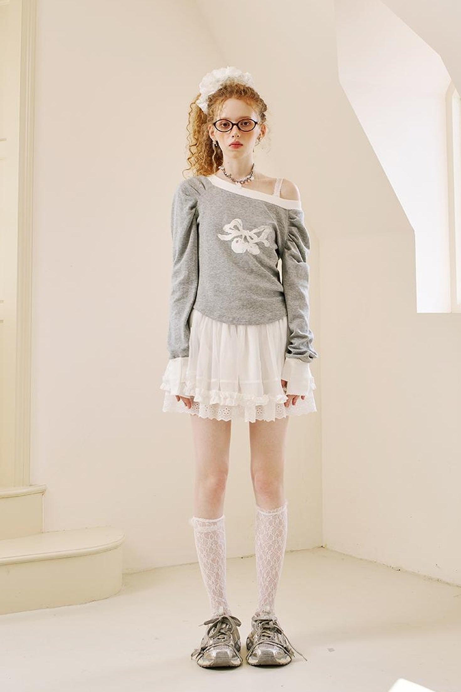 DIDDI MODA Lace Trimmed Asymmetrical Layered Midi Skirt