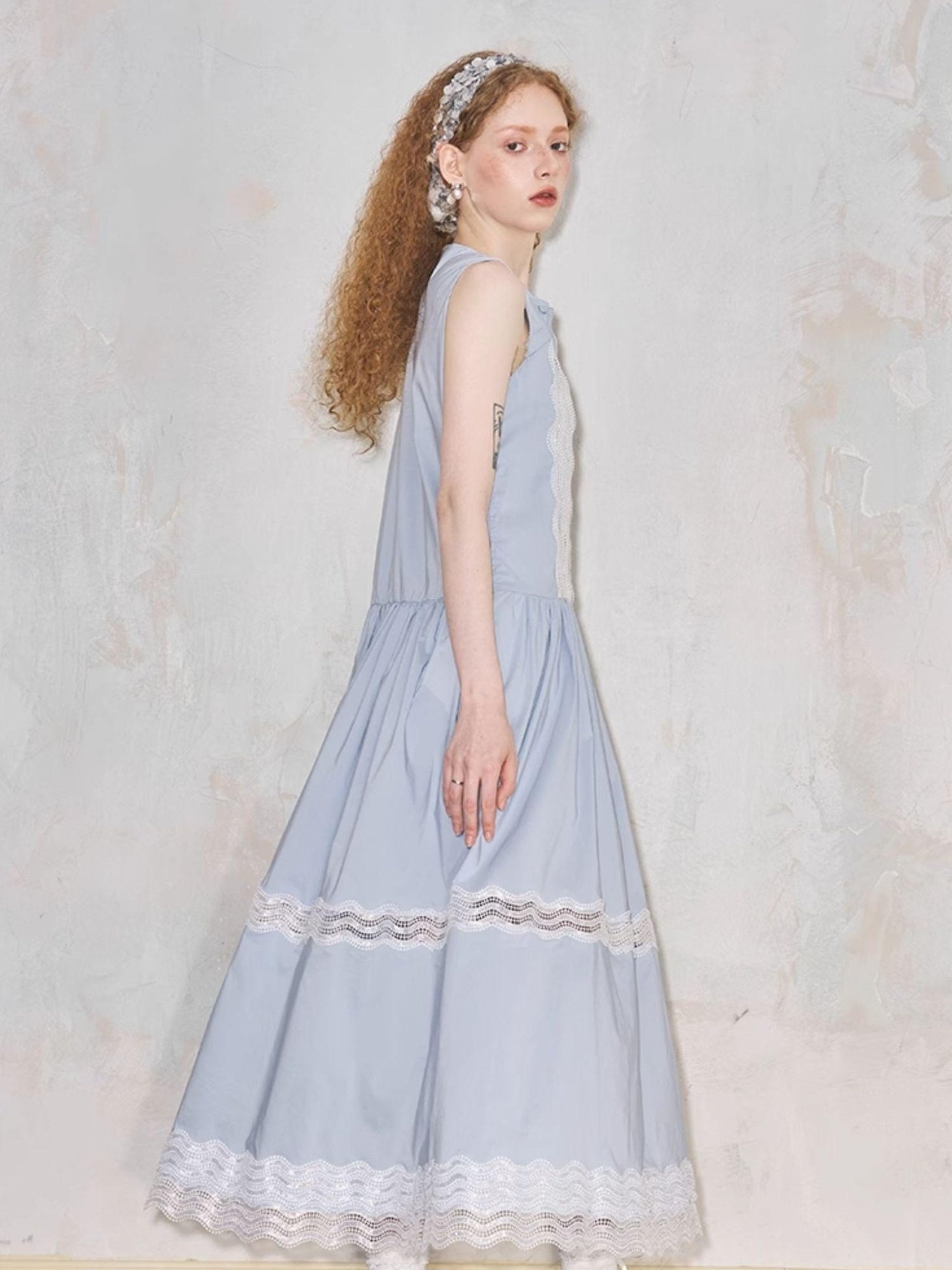 DIDDI MODA Lace Trimmed Asymmetrical Mandarin Collar Maxi Dress