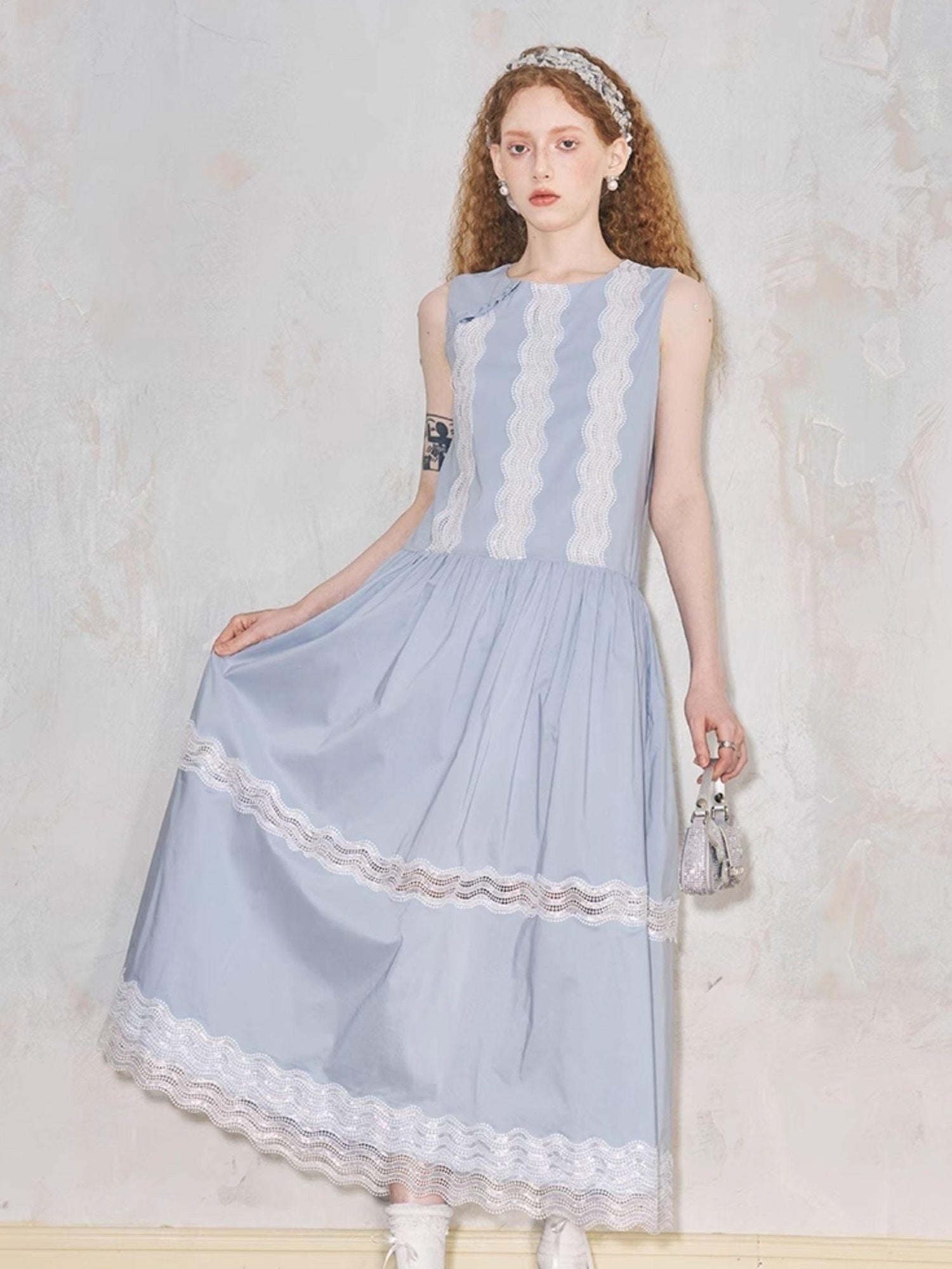 DIDDI MODA Lace Trimmed Asymmetrical Mandarin Collar Maxi Dress