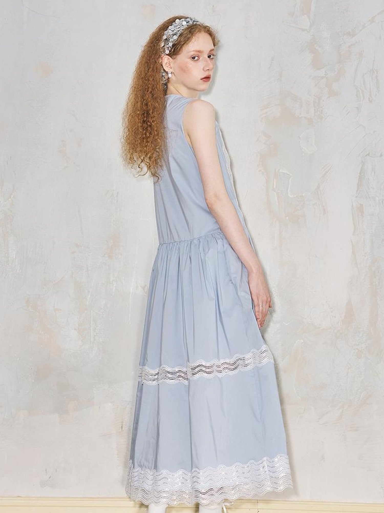 DIDDI MODA Lace Trimmed Asymmetrical Mandarin Collar Maxi Dress